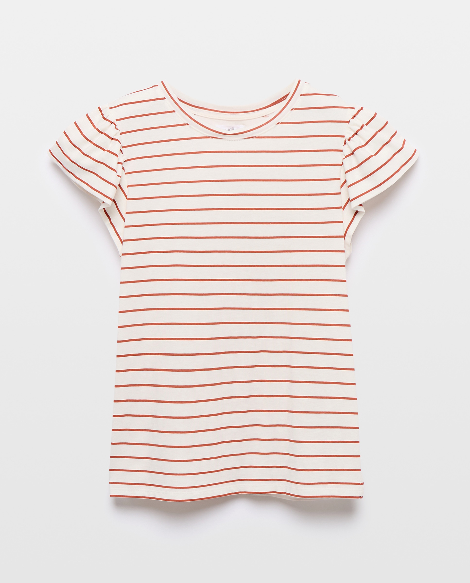 Camiseta de mujer cuello caja rayas manga volantes Rojo-4