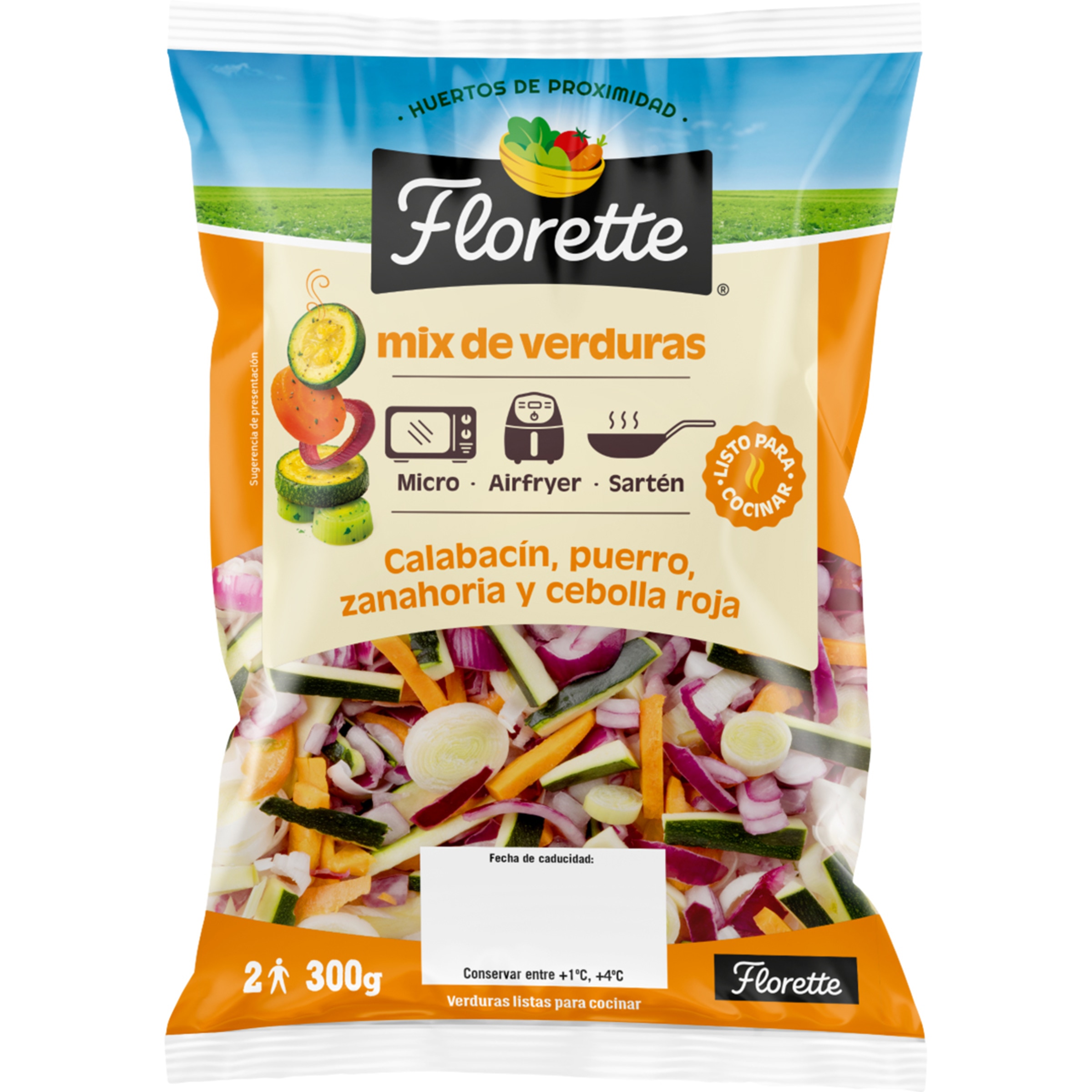 Mix de verduras con calabacín, puerro, zanahoria y cebolla roja bolsa 300 g
