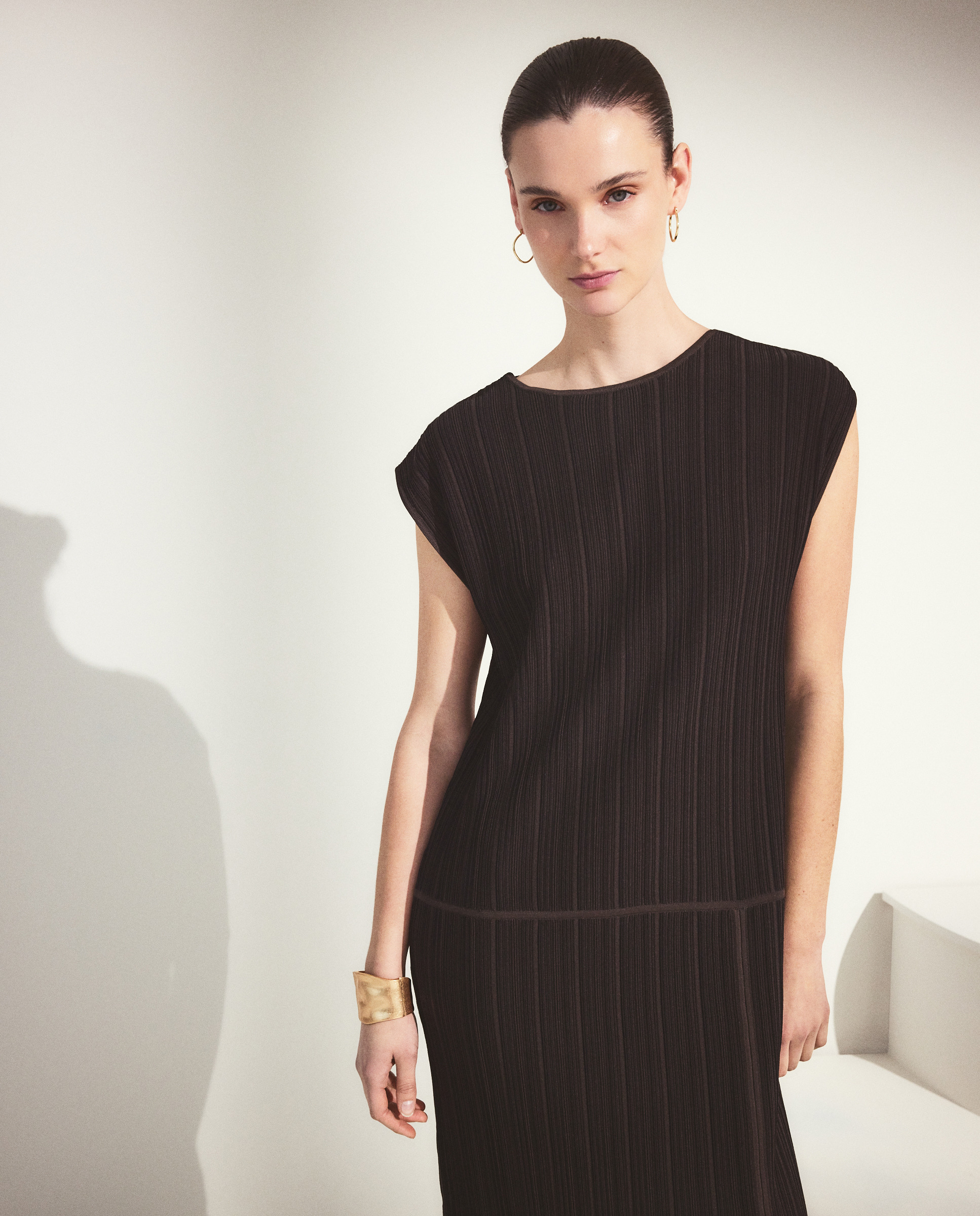 Vestido Regular de Tricot sem Mangas Castanho-2