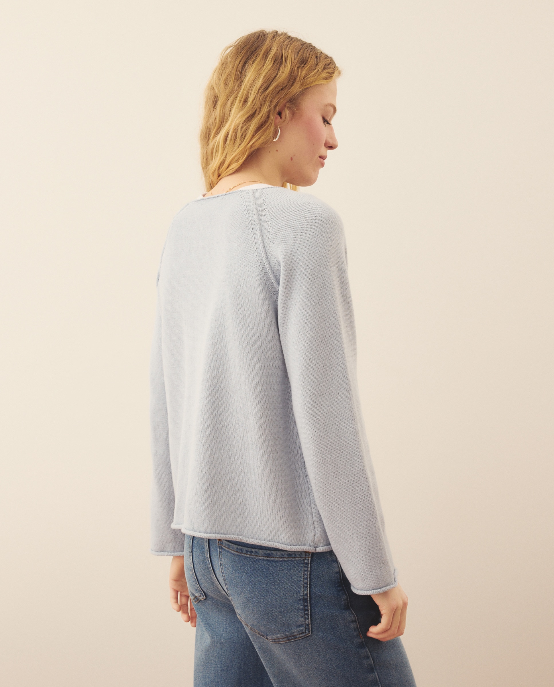 Camisola de Malha Básica de Algodão 410 Azul Claro-3