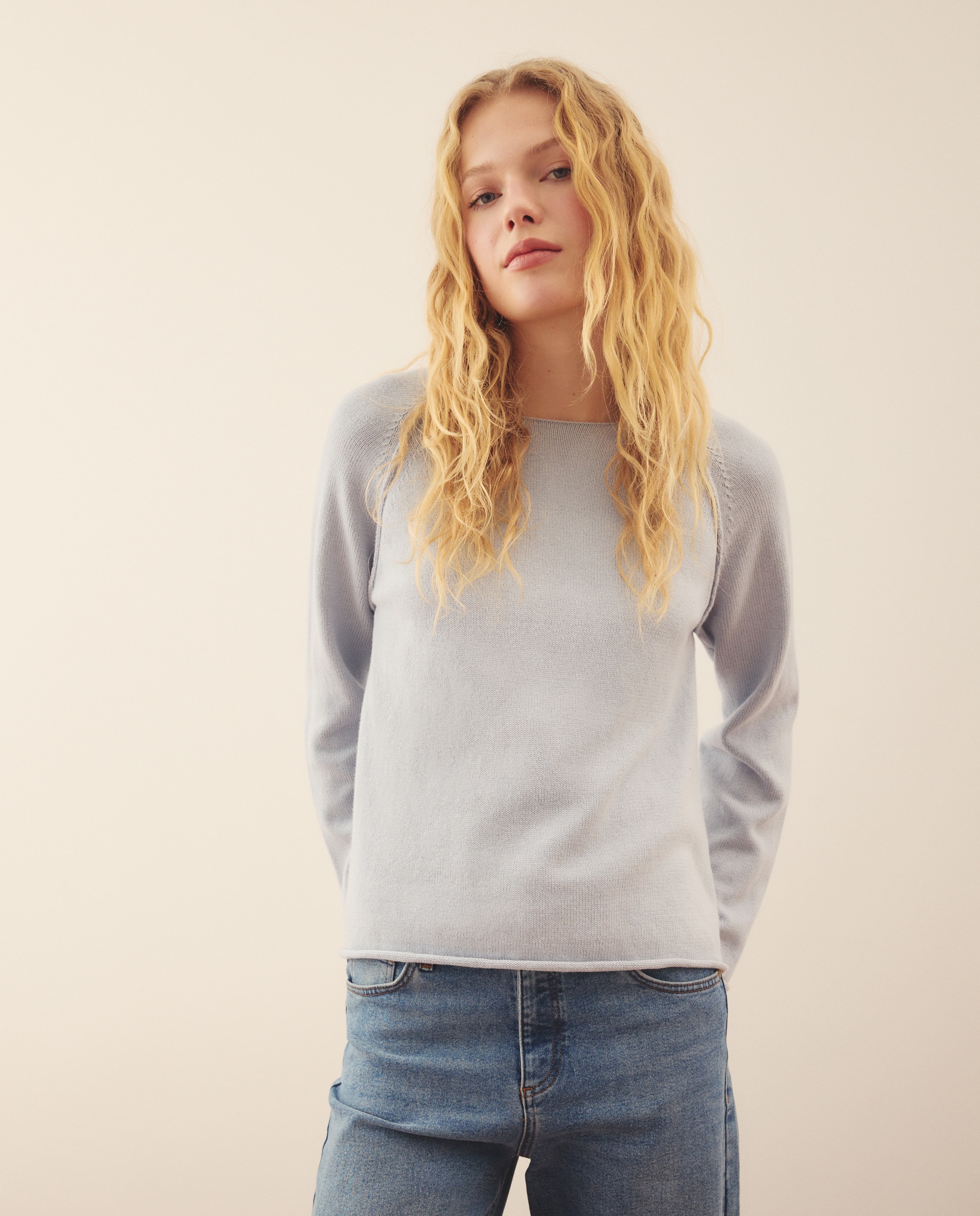 Camisola de Malha Básica de Algodão 410 Azul Claro-1