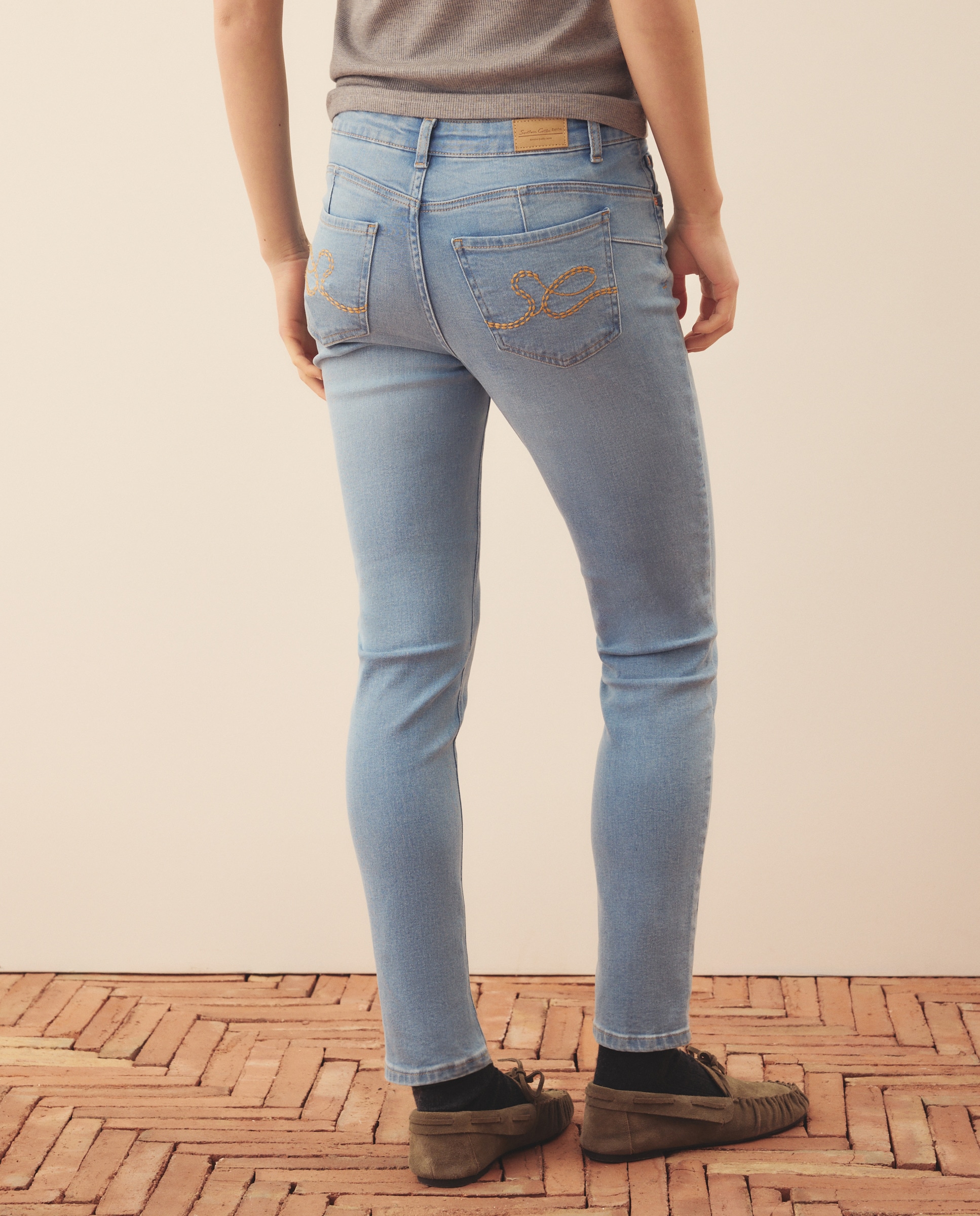 Jeans de Algodão Lisas Cerúleo-3