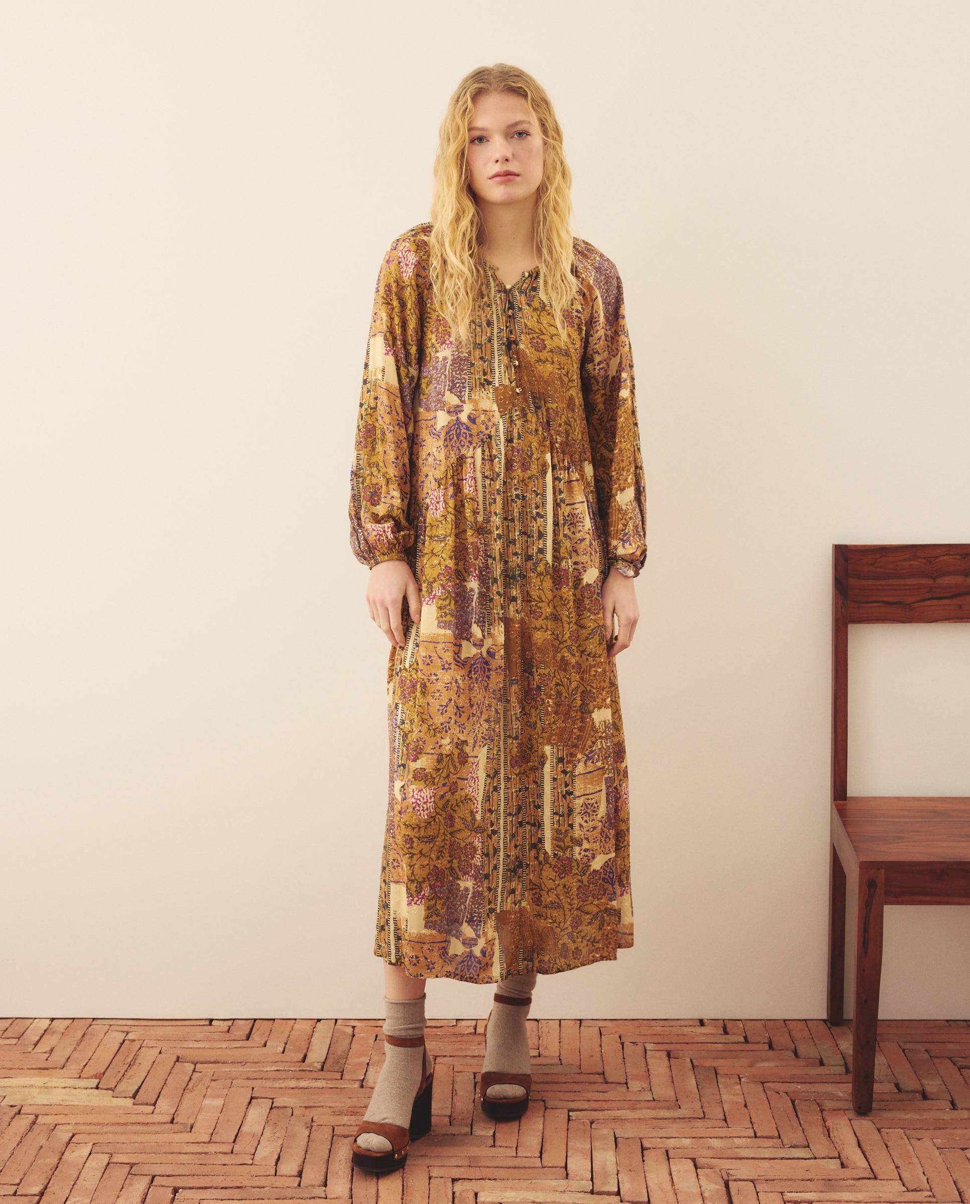 Vestido Boho com Laço nas Mangas Verde-1