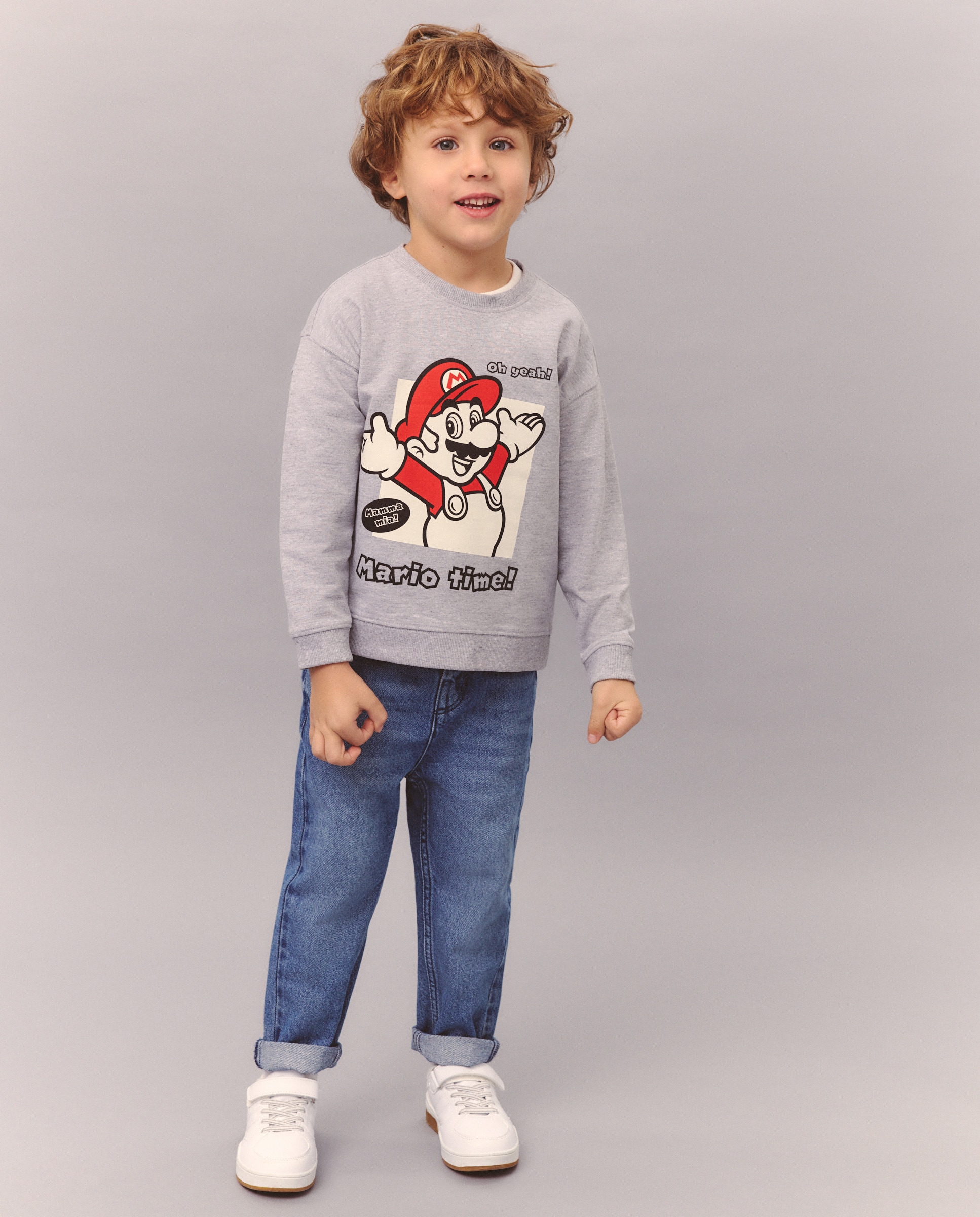 Sweatshirt Fechada com Estampado Mario Bros Cinzento-2