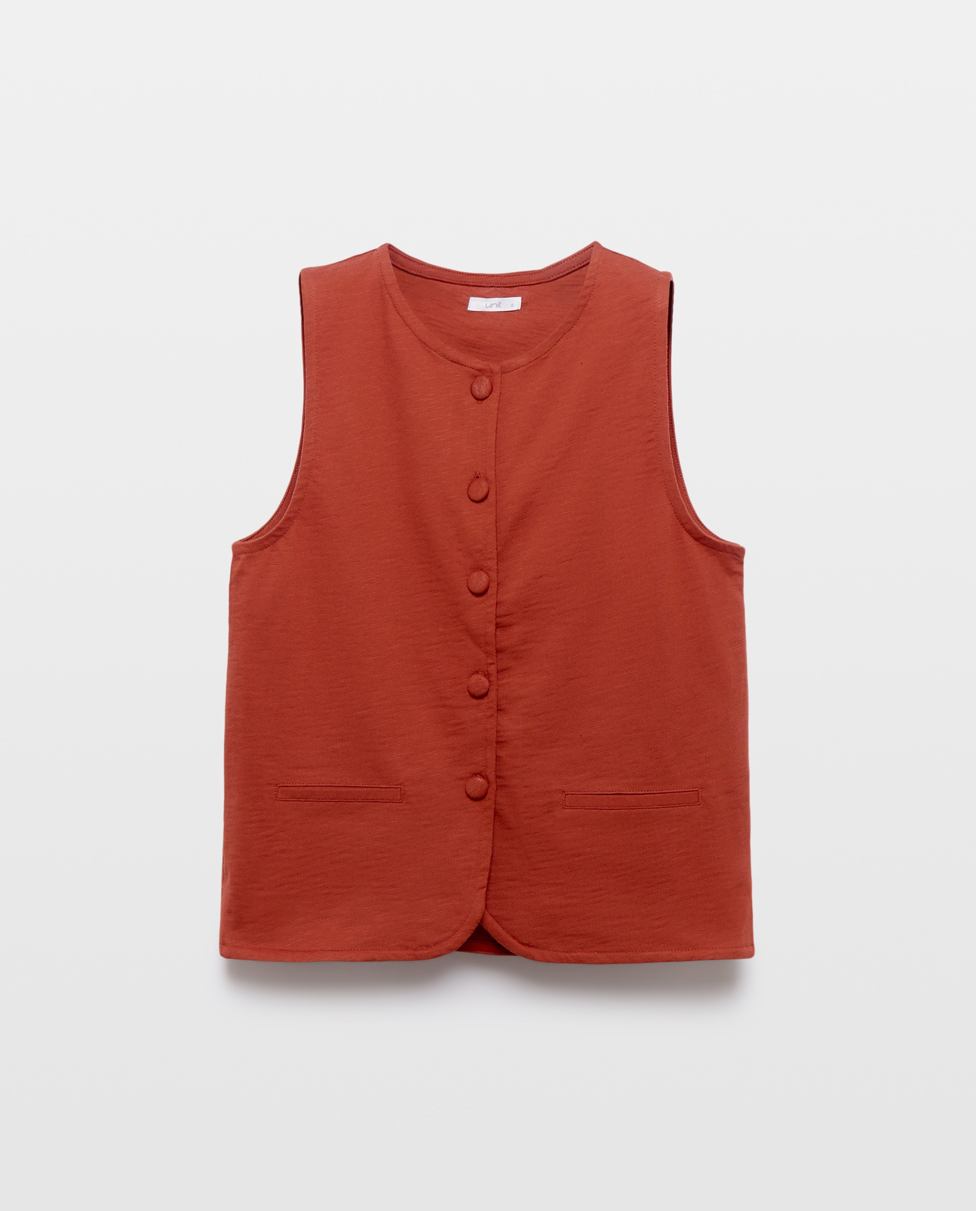Chaleco de mujer de algodón cuello caja abotonado Naranja quemado-4