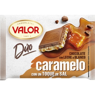 Duo chocolate con leche y blanco con trozos de caramelo y un toque de sal tableta 130 g - Valor