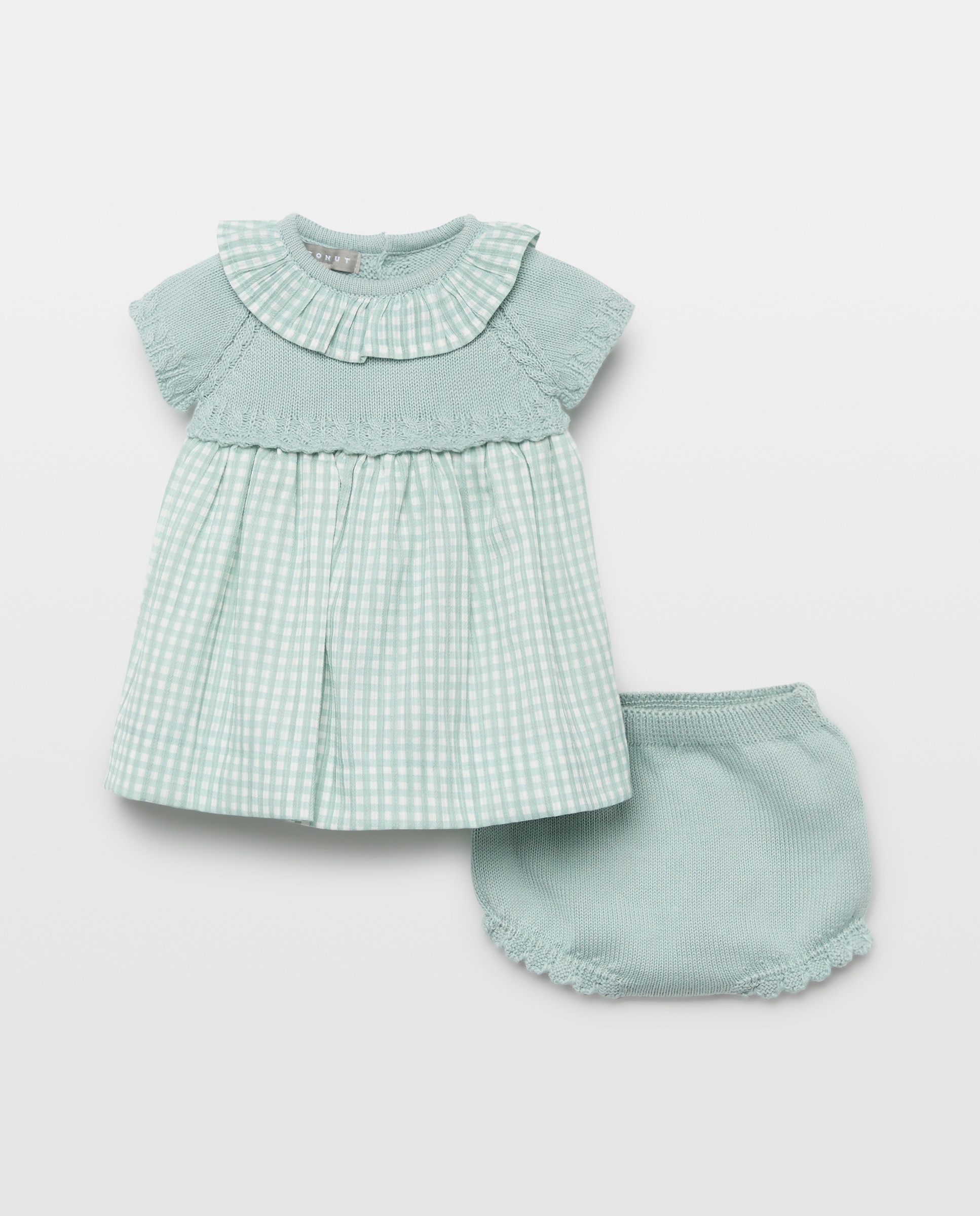 Cueiro de Tricot de Comprimento Médio de Bebé com Manga Curta e Tecido Plano na Gola Verde-1