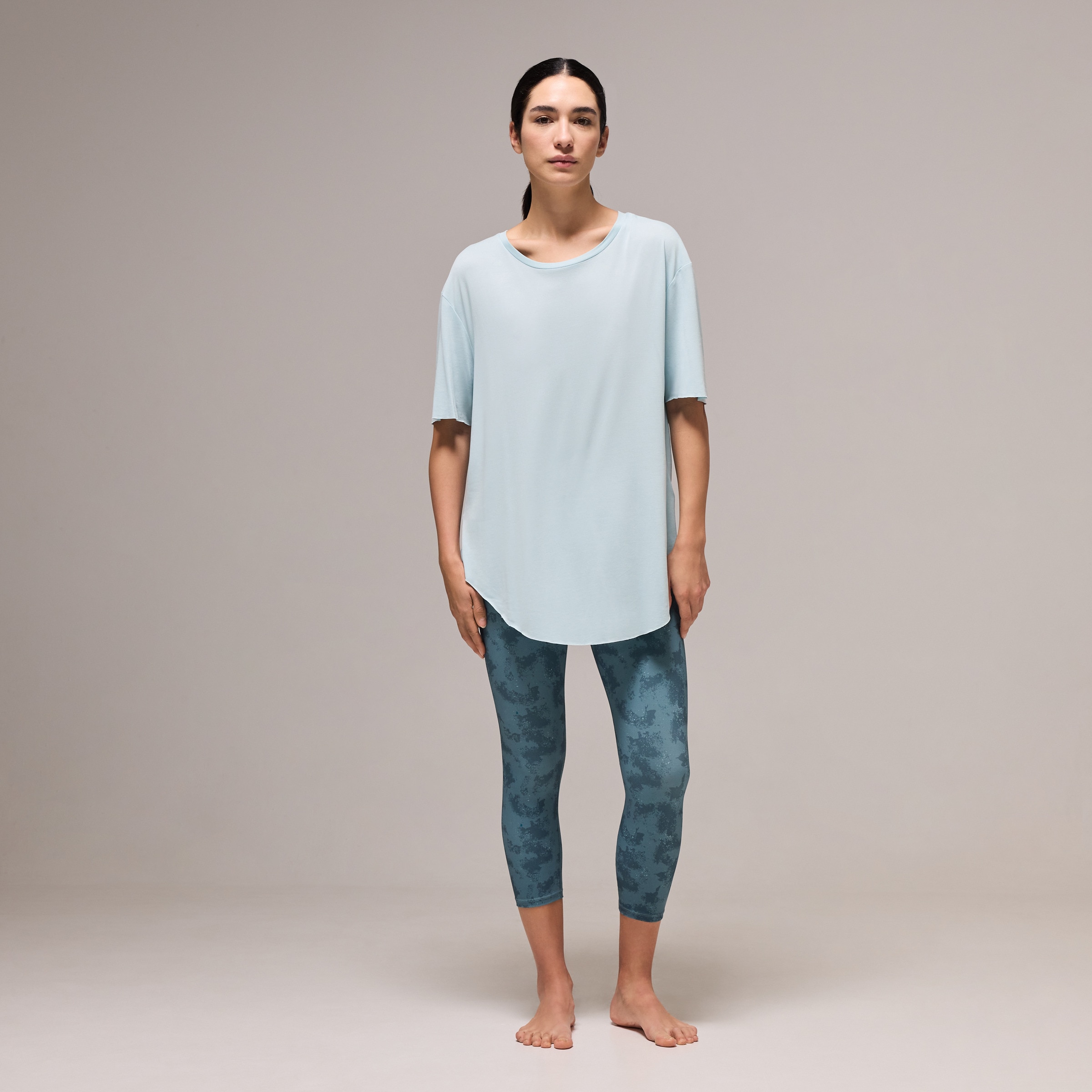 T-shirt de Modal de Manga Curta de Yoga de Mulher Azul Suave-2