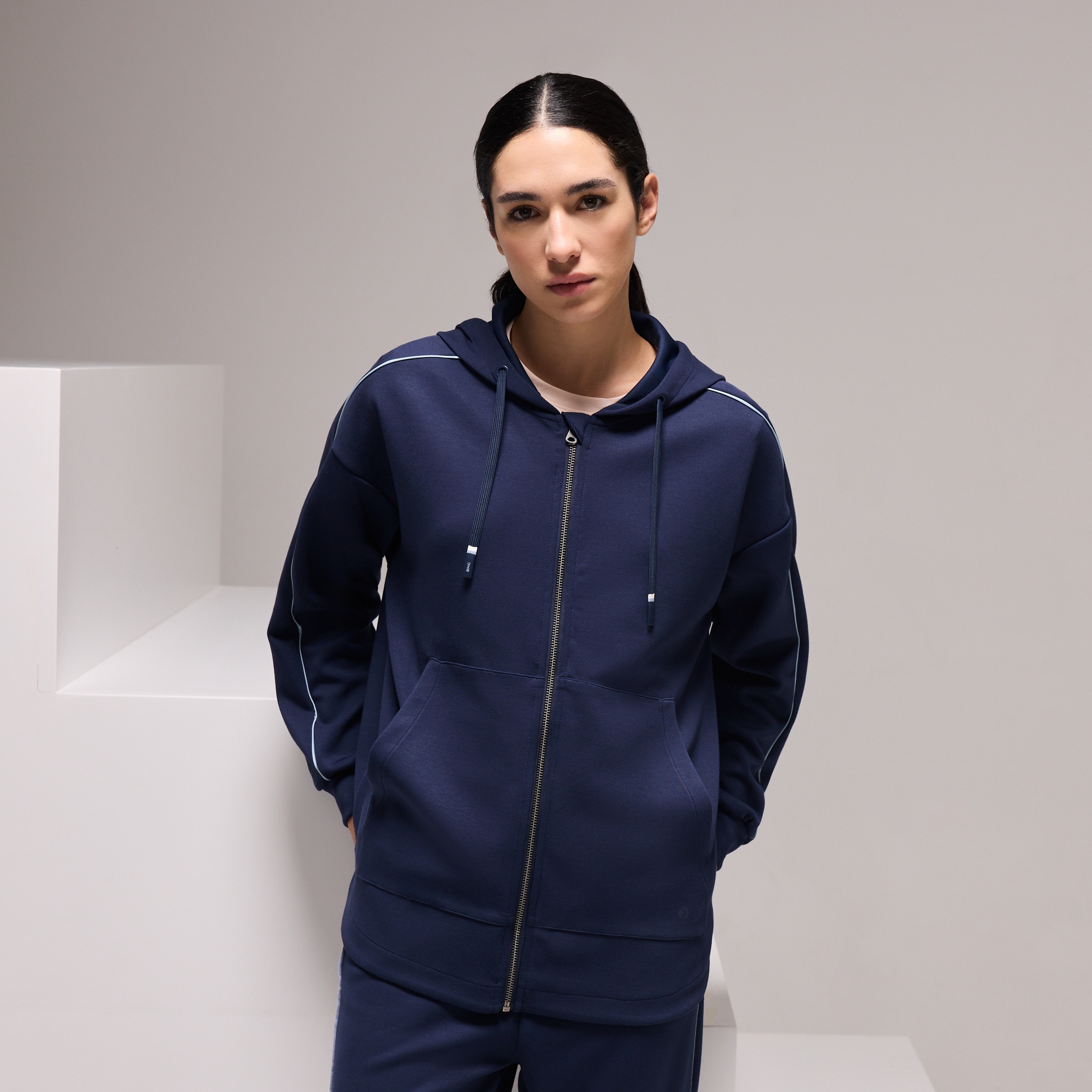 Sweatshirt Aberta de Modal Hoodie Sportcasual de Mulher Azul-marinho-2