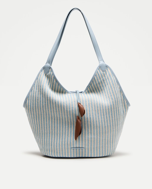 Imagem 0 de Mala de Ombro em Tecido às Riscas com Conta Floral