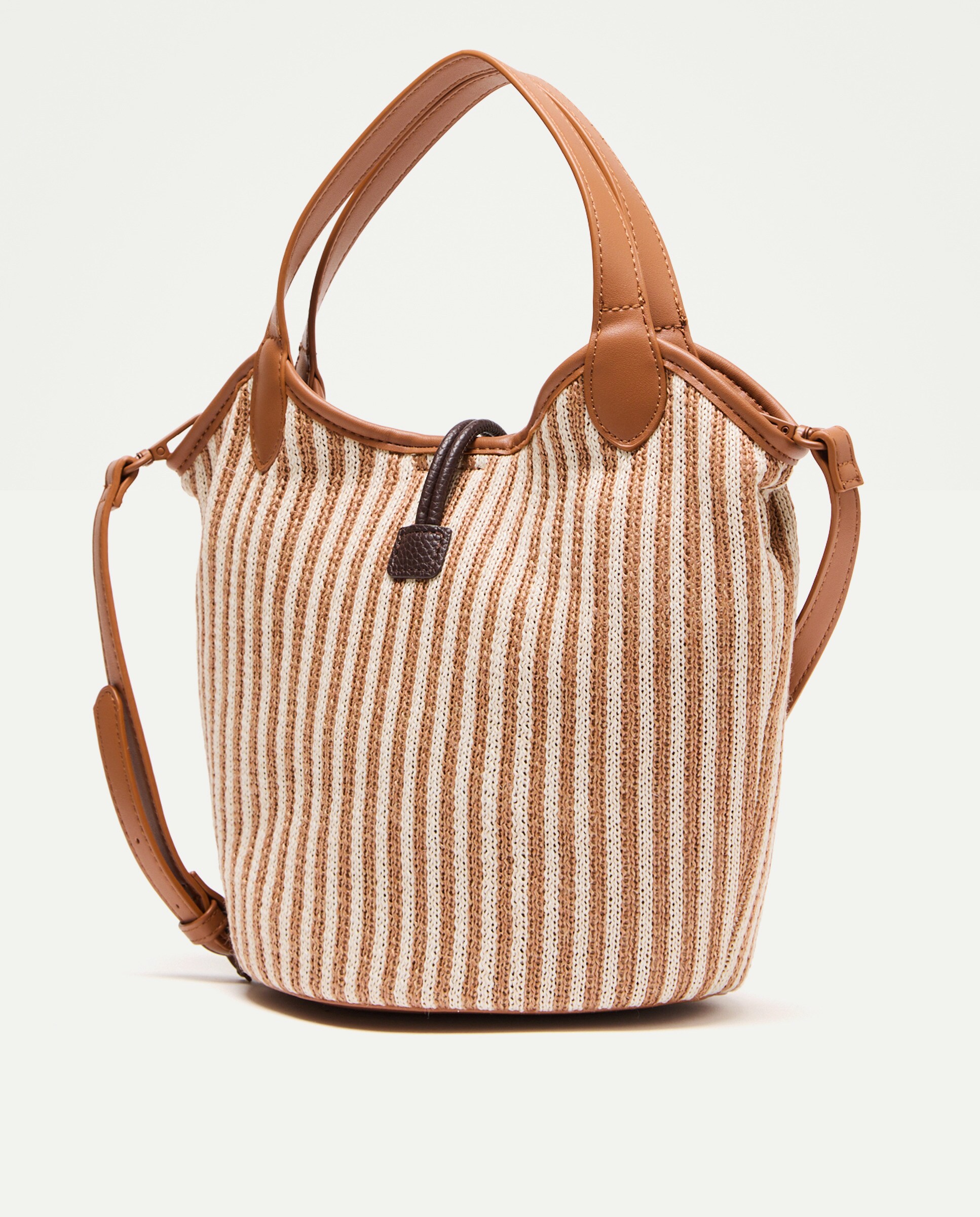 Mala de Mão em Tecido às Riscas com Conta Floral Castanho-2