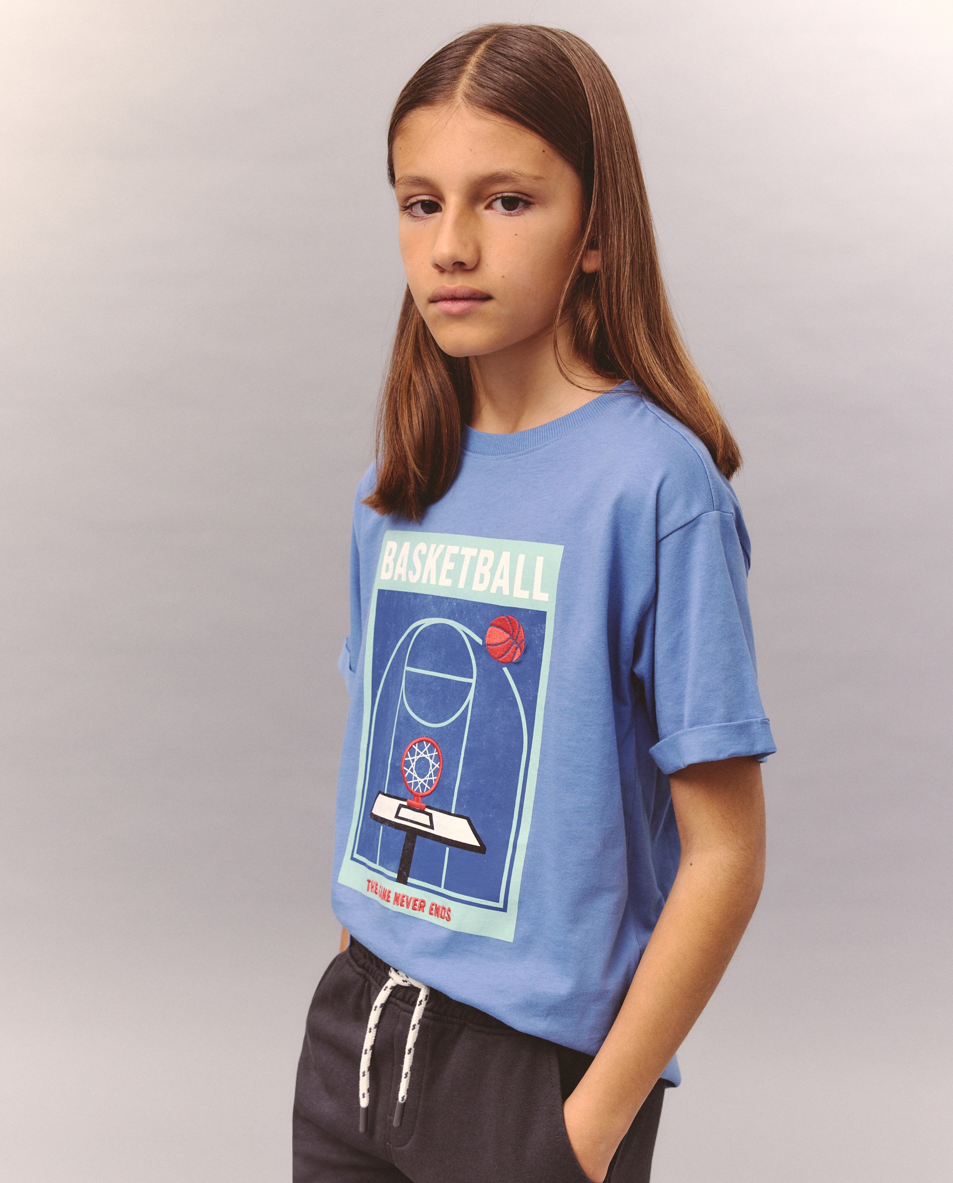 T-shirt de Manga Curta com Bordados Azul-1