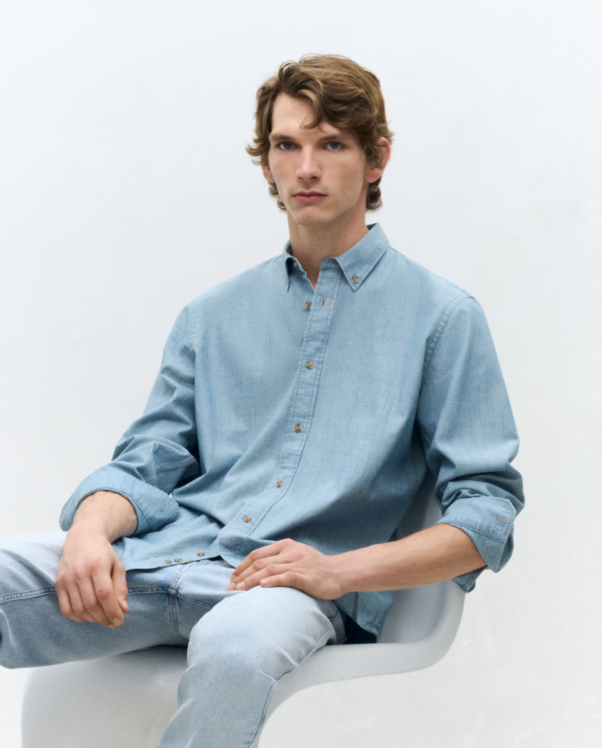 Camisa de Ganga com Lavagem e Manga Comprida Azul-marinho-1