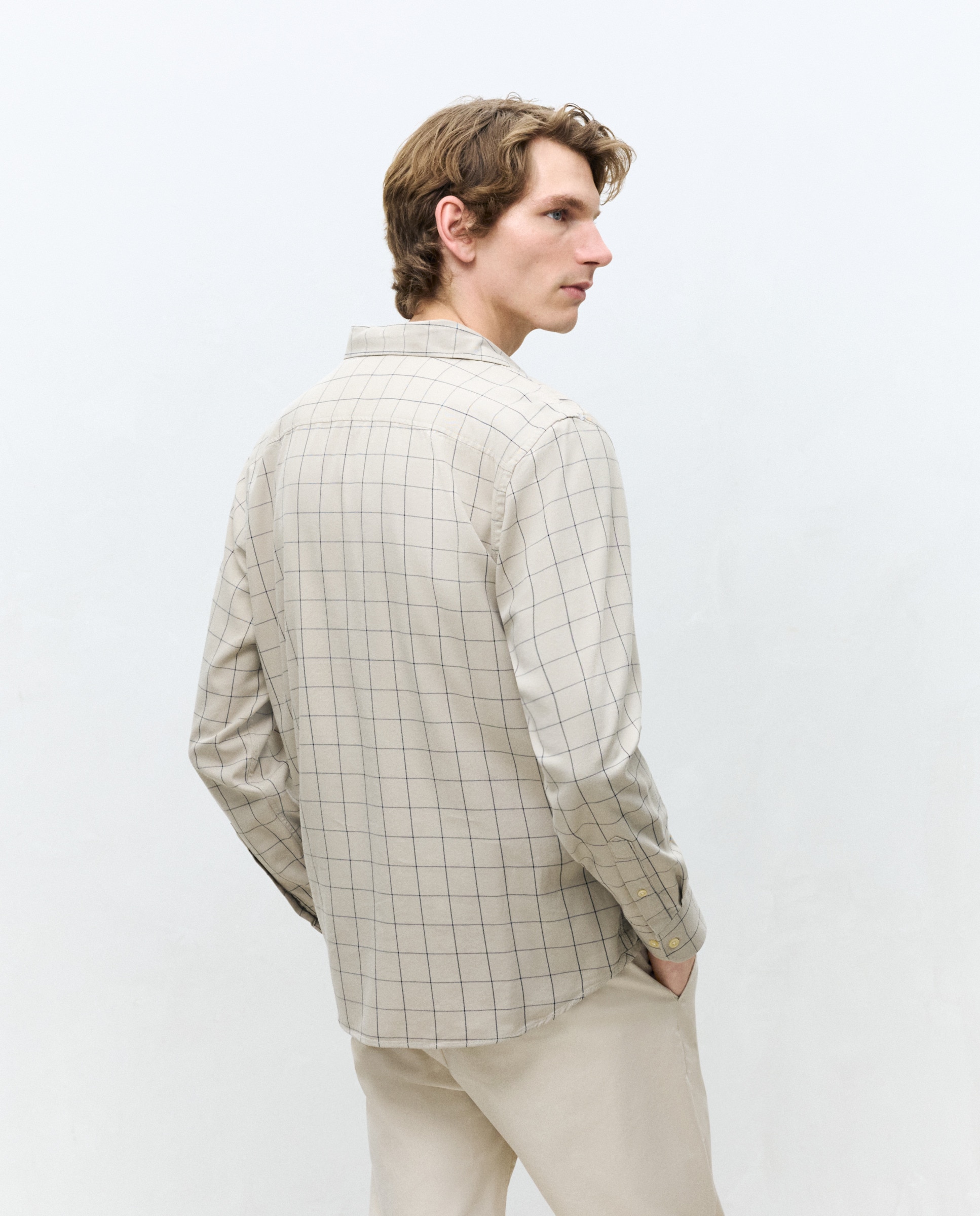 Camisa Casual de Sarja com Manga Comprida aos Quadrados de Corte Regular 850 Pedra-3