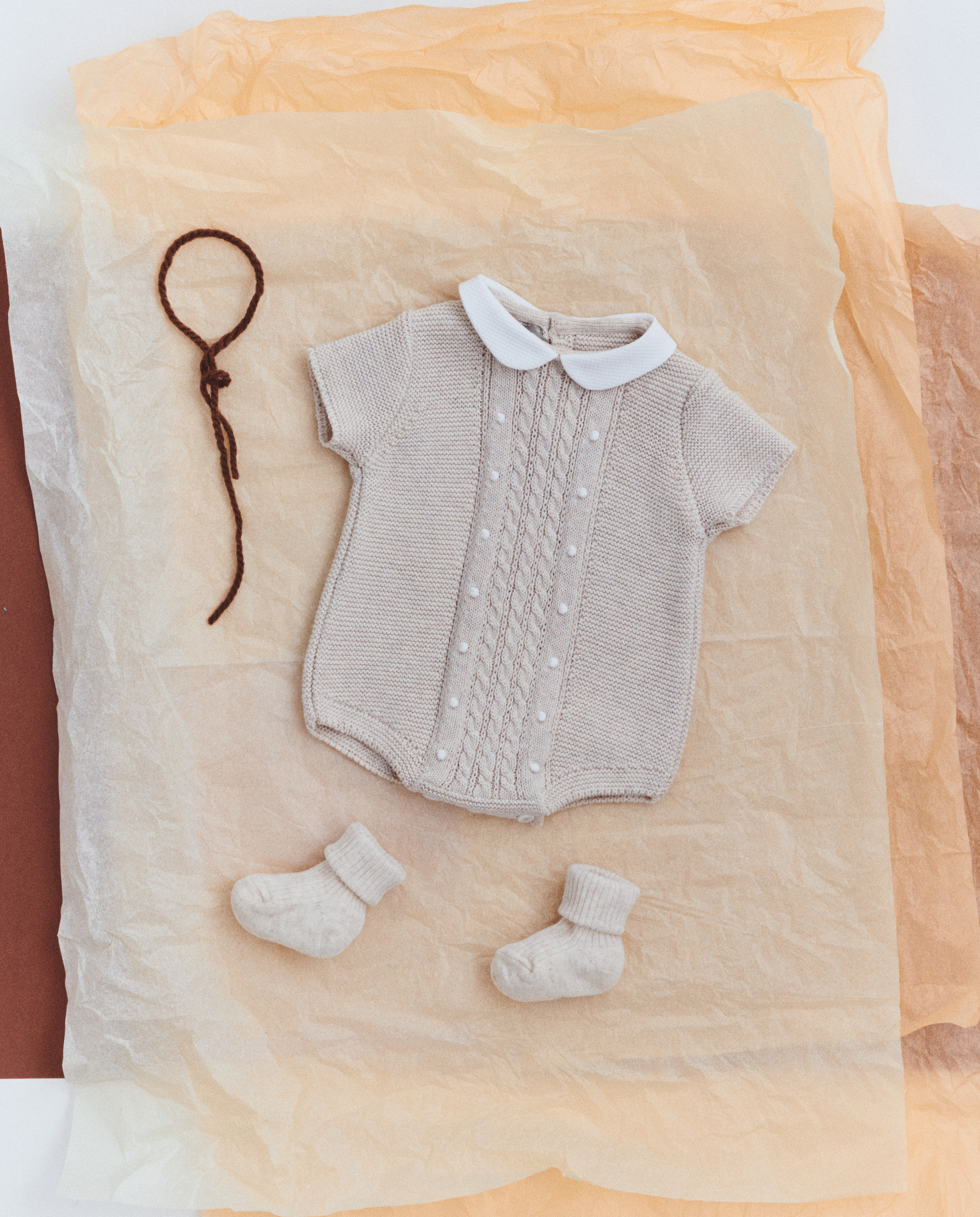 Babygrow com Gola de Bebé e Manga Curta de Tricot Fantasia com Malha de Cabo Central Torrado-4