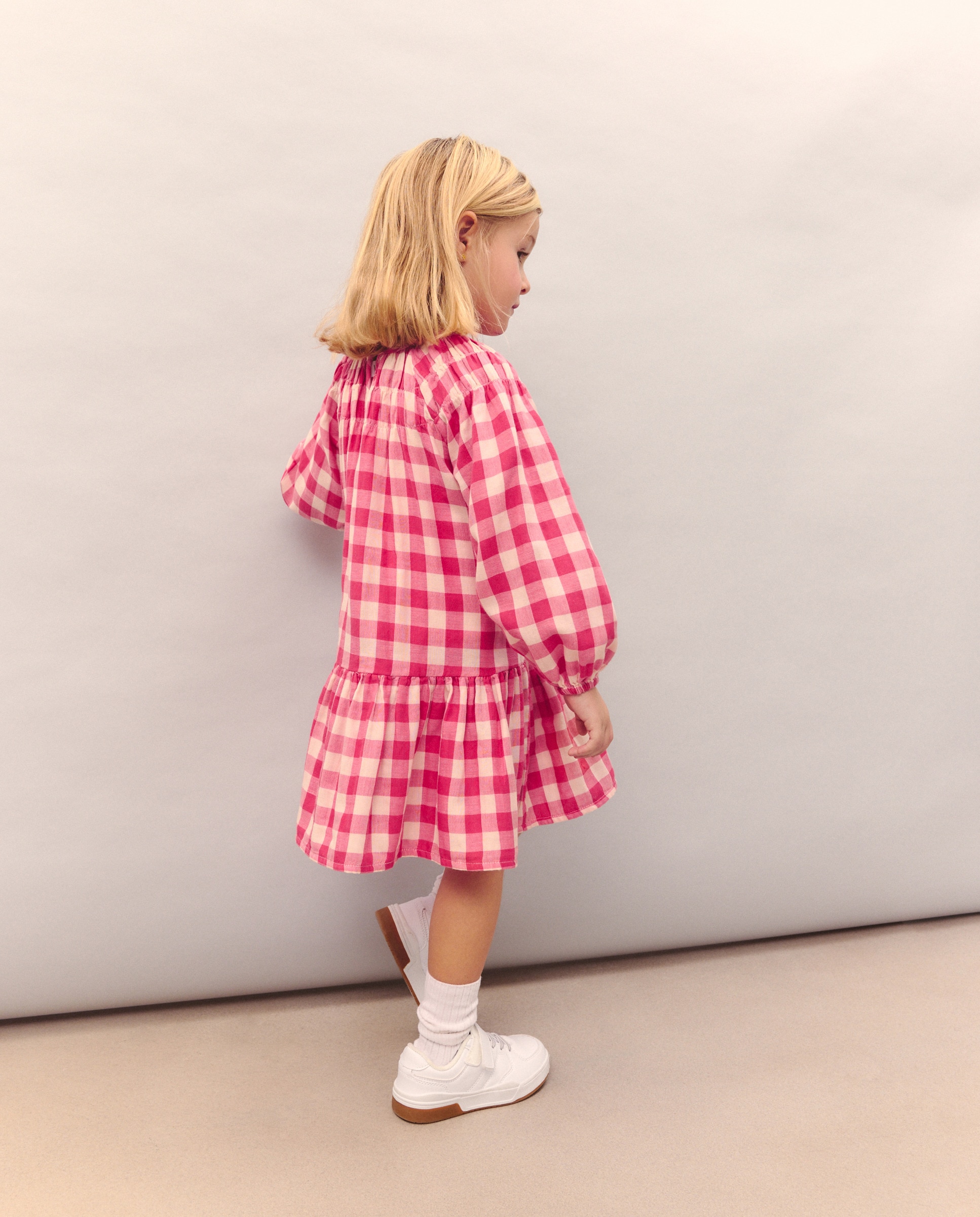 Vestido de Manga Comprida em Chiffon Duplo com Vichy e Gola Smock com Elásticos Kids El Corte Inglés Vermelho-3