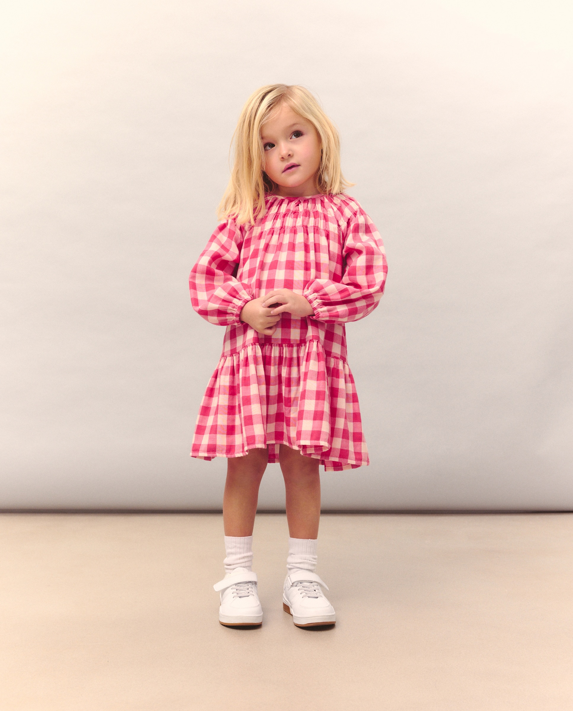 Vestido de Manga Comprida em Chiffon Duplo com Vichy e Gola Smock com Elásticos Kids El Corte Inglés Vermelho-2