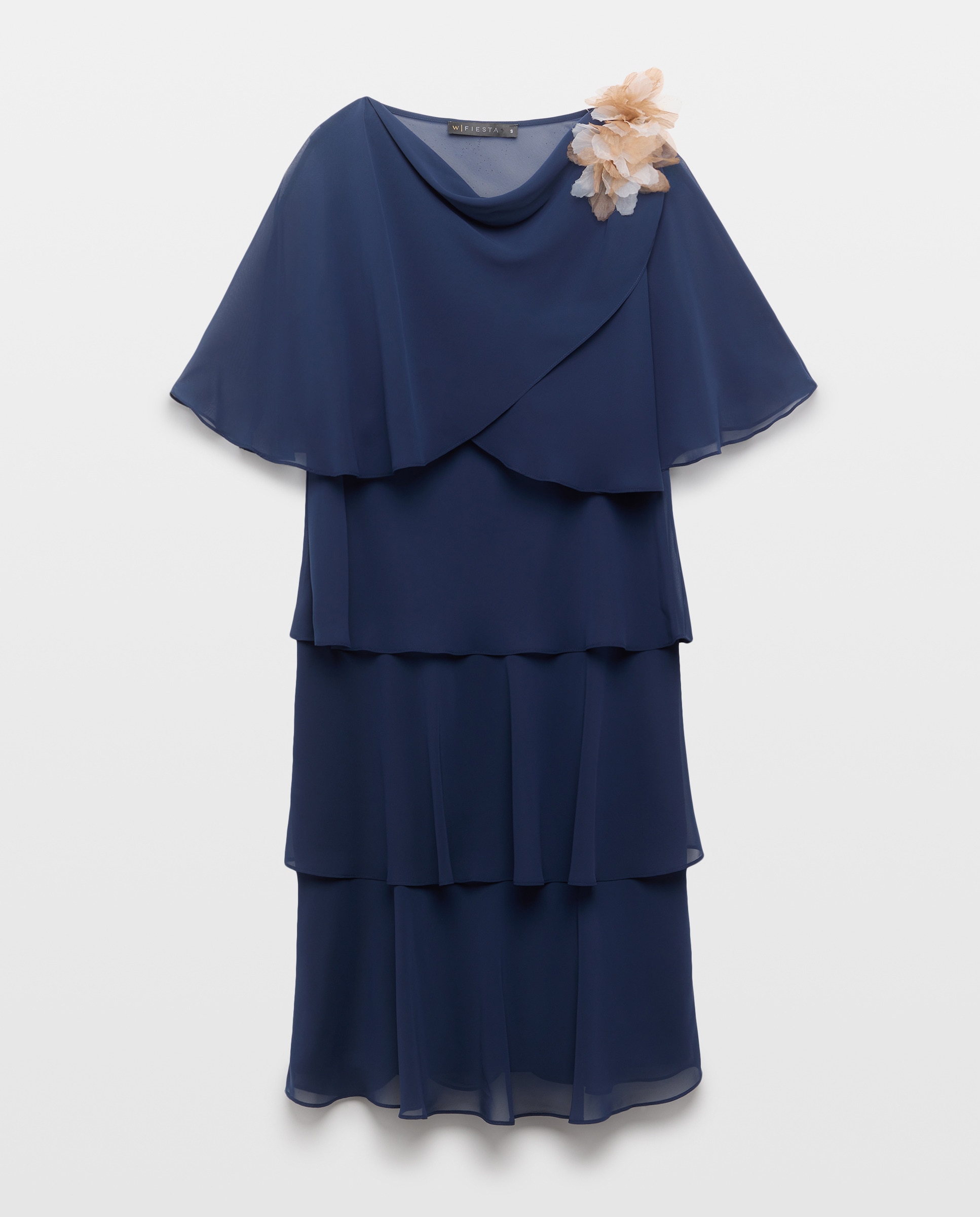 Vestido Curto Multicamadas sem Mangas e com Capelina Estampada Azul-marinho-5