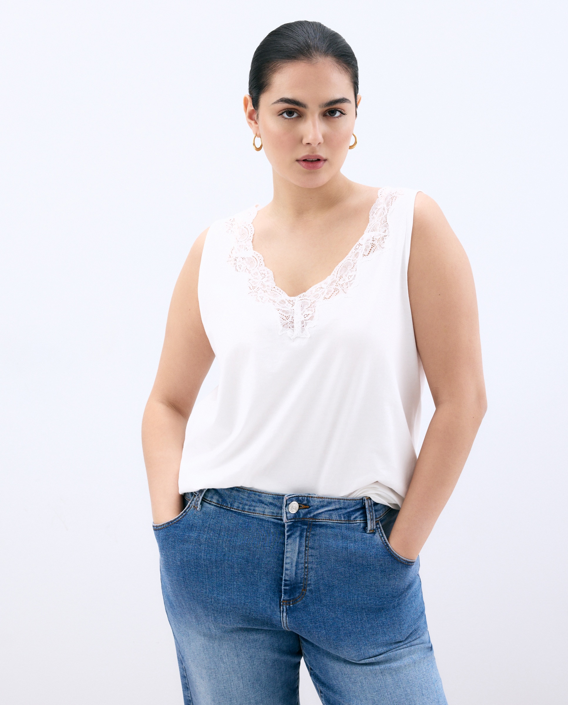 T-shirt de Alças Rendilhadas Branco-marfim-2