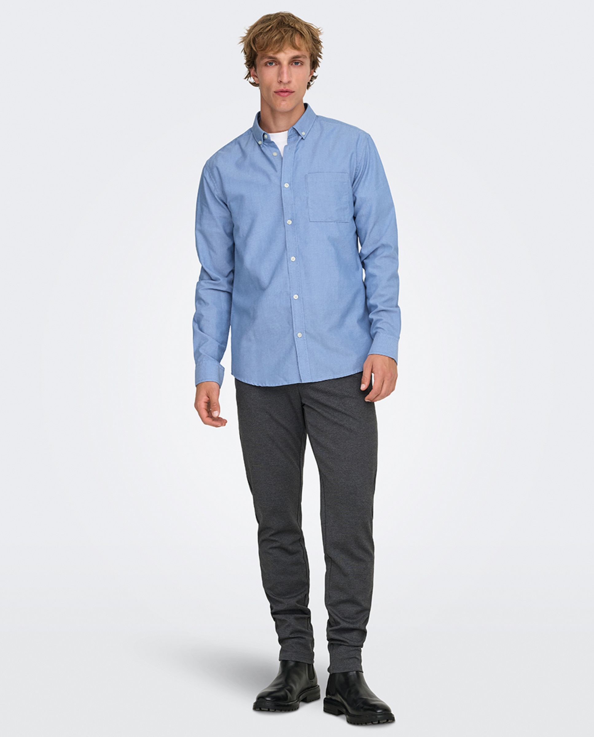 Camisa Oxford slim lisa de homem Azul-claro-7
