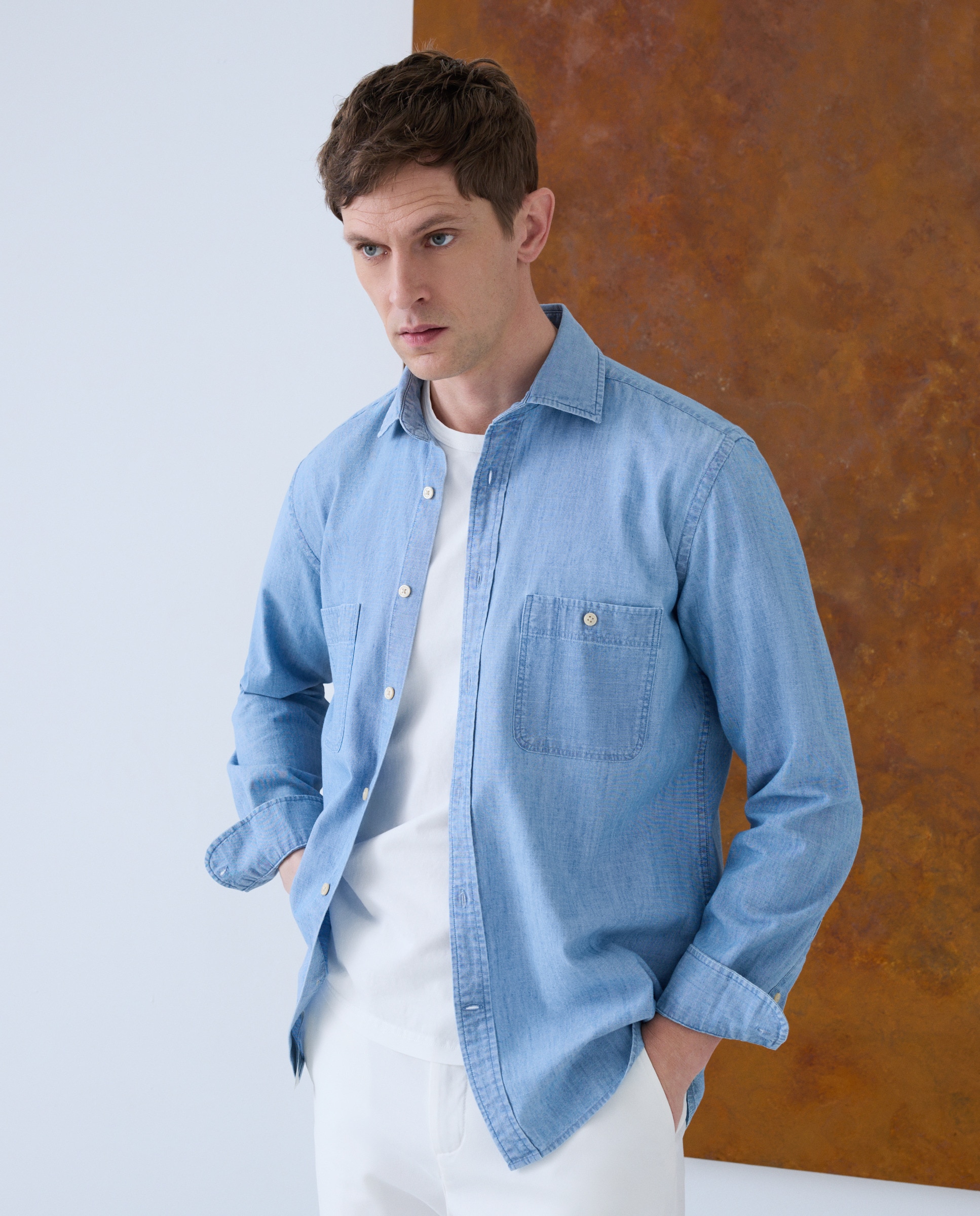 Imagem 0 de Camisa Casual de Ganga com Manga Comprida