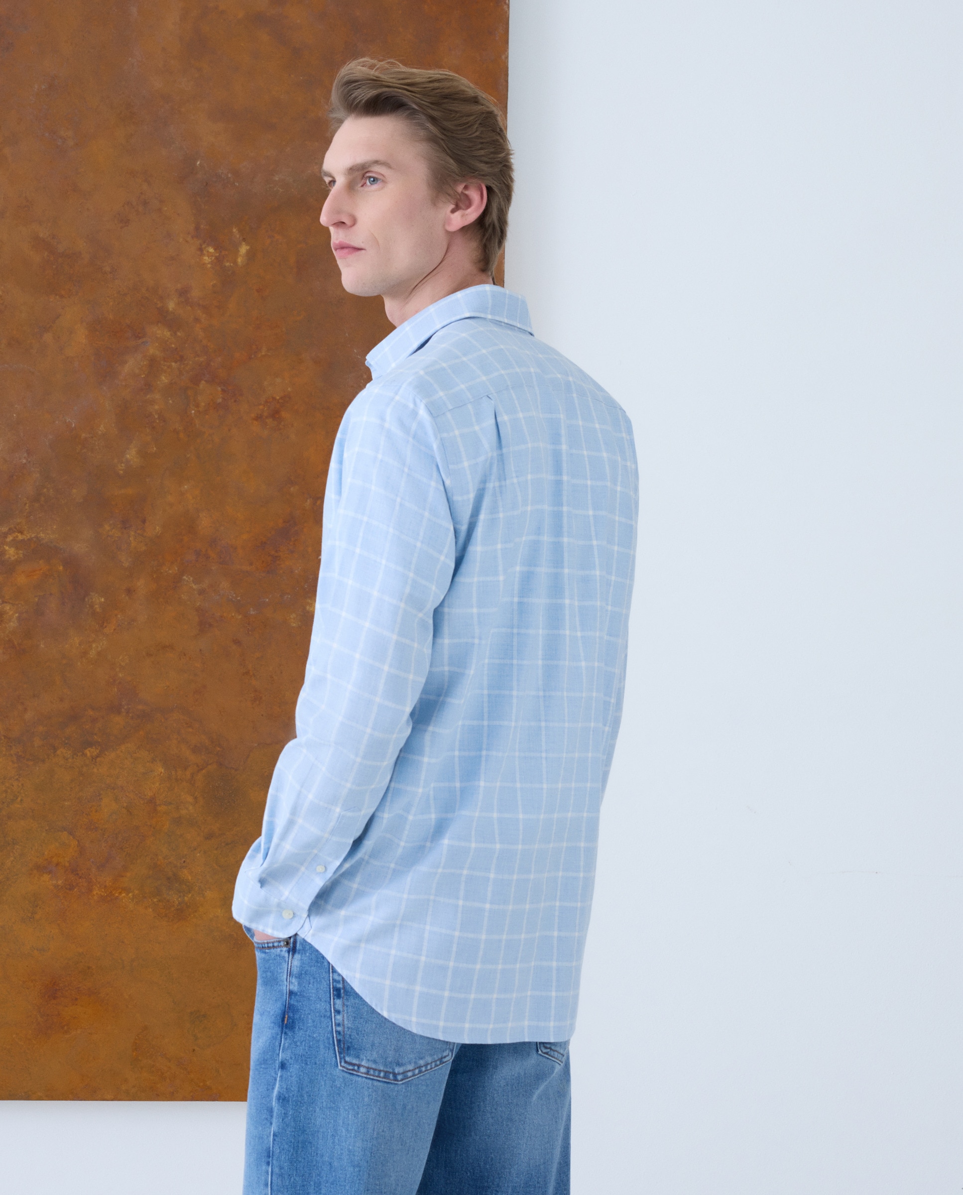 Camisa Casual de Ganga com Manga Comprida Azul-3