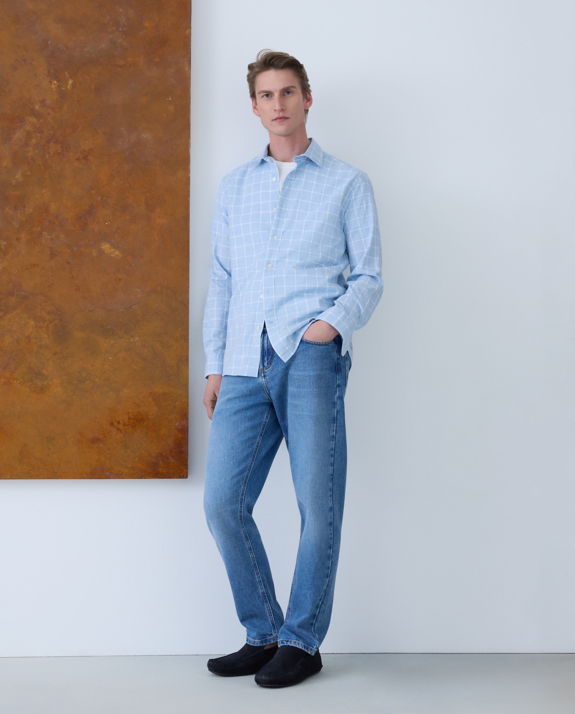 Camisa Casual de Ganga com Manga Comprida Azul-2