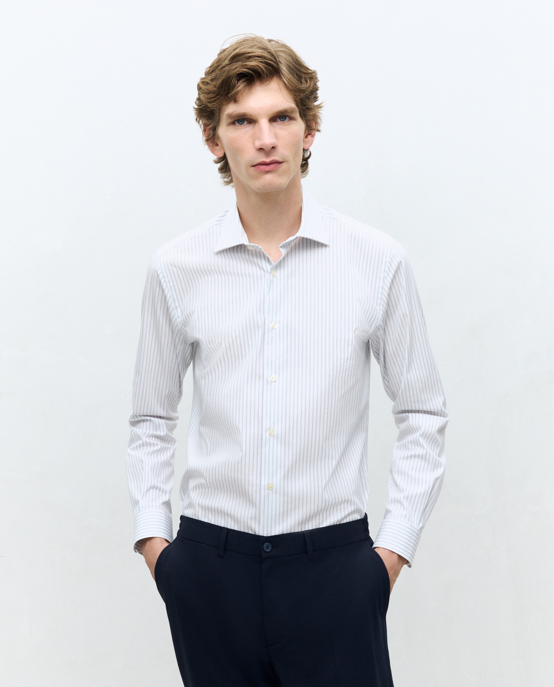 Camisa Clássica de Manga Comprida com Risca Dupla Fina Slim Fit Branco-1
