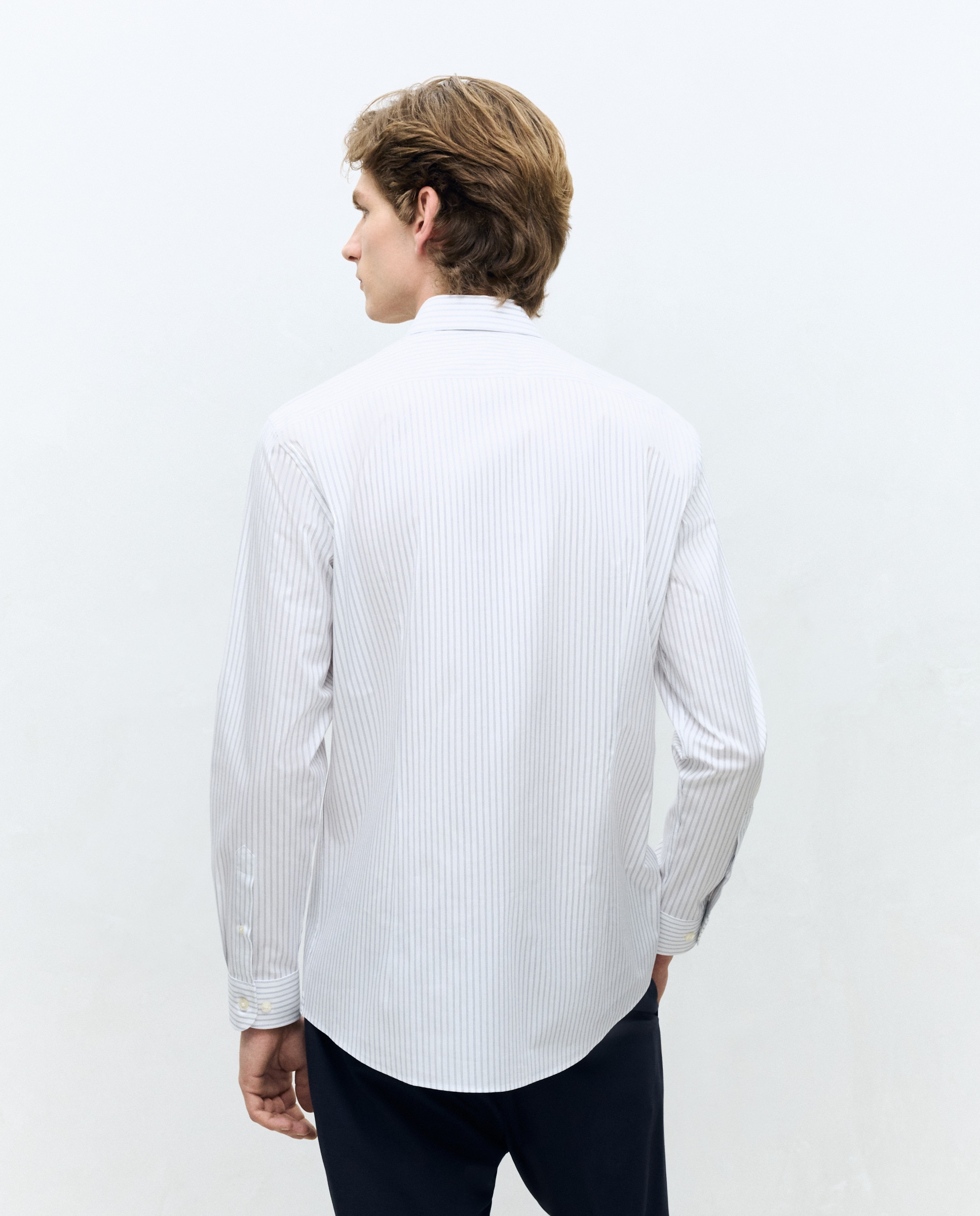 Camisa Clássica de Manga Comprida com Risca Dupla Fina Slim Fit Branco-3