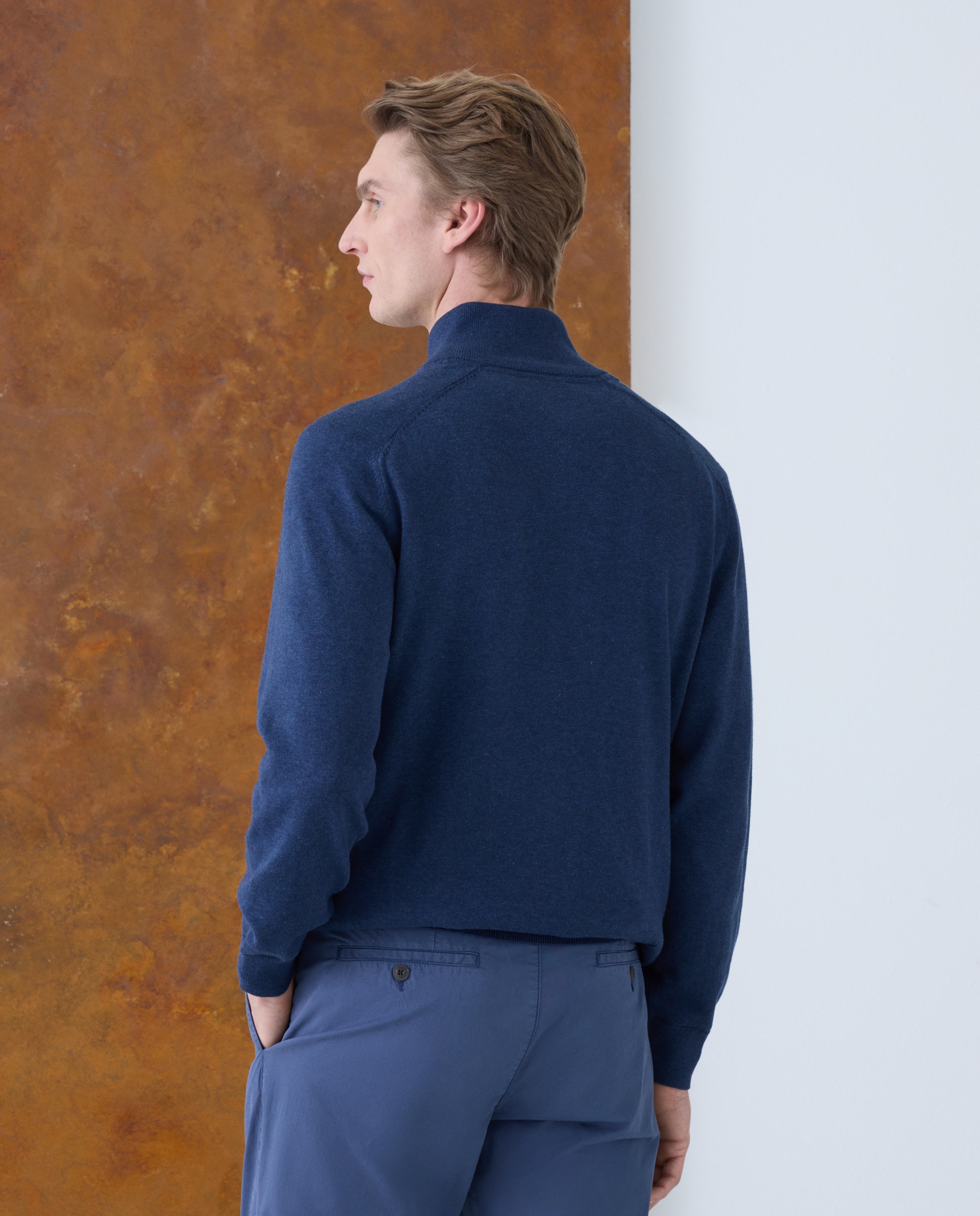 Cardigan Liso de Algodão e Seda com Gola Semicisne e Fecho de Correr Azul-3