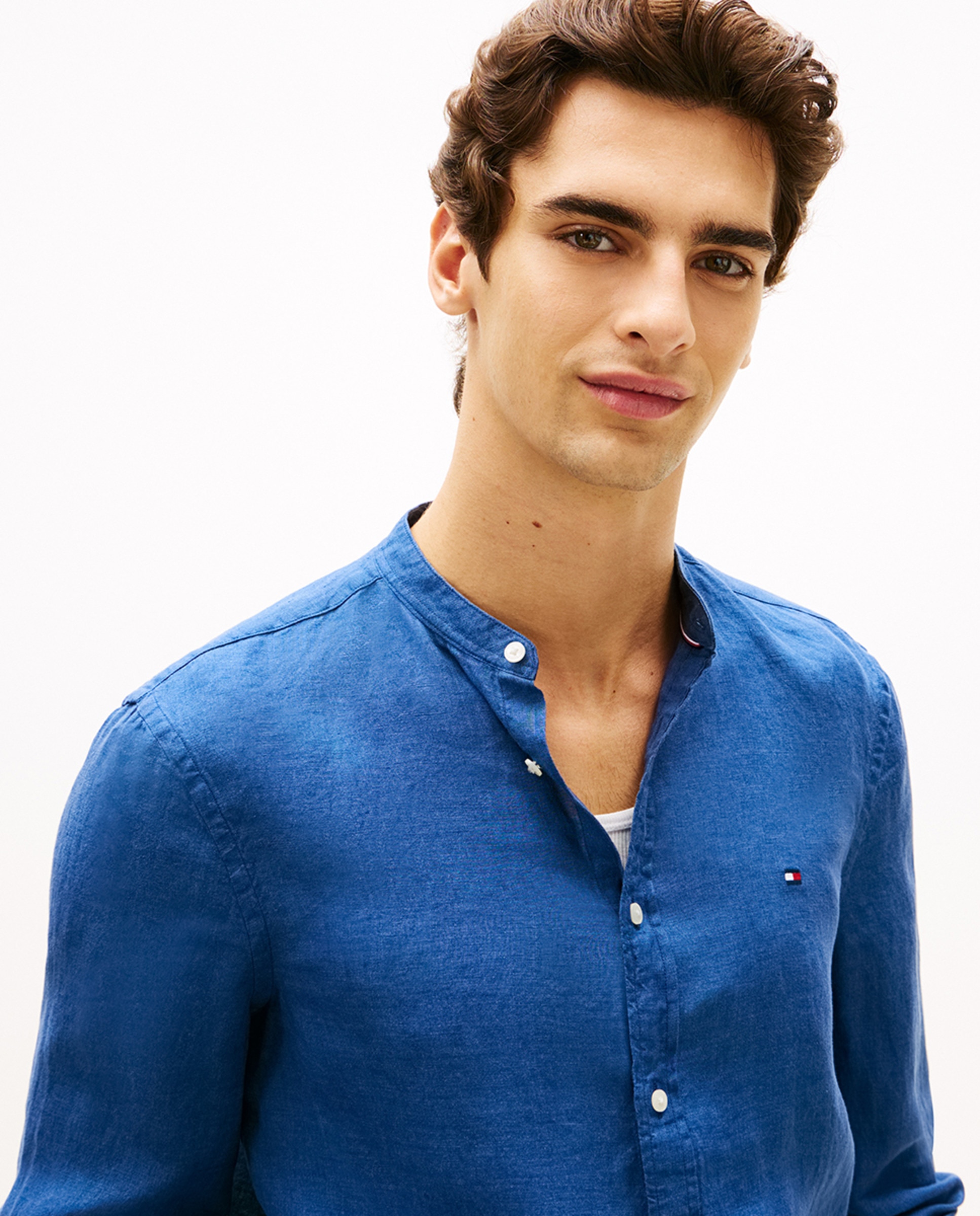 Camisa de Linho com Gola à Padre Azul-marinho-3