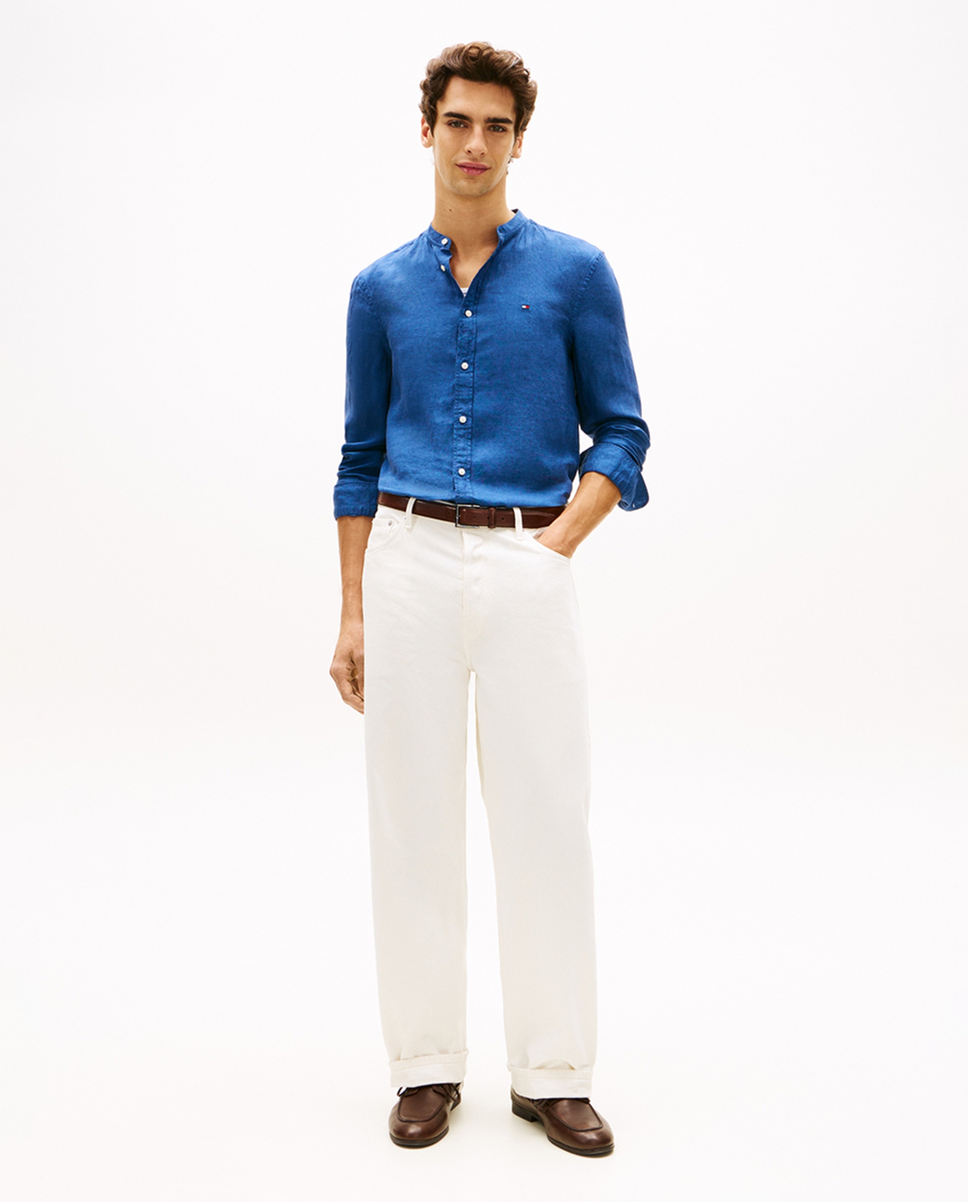 Camisa de Linho com Gola à Padre Azul-marinho-5