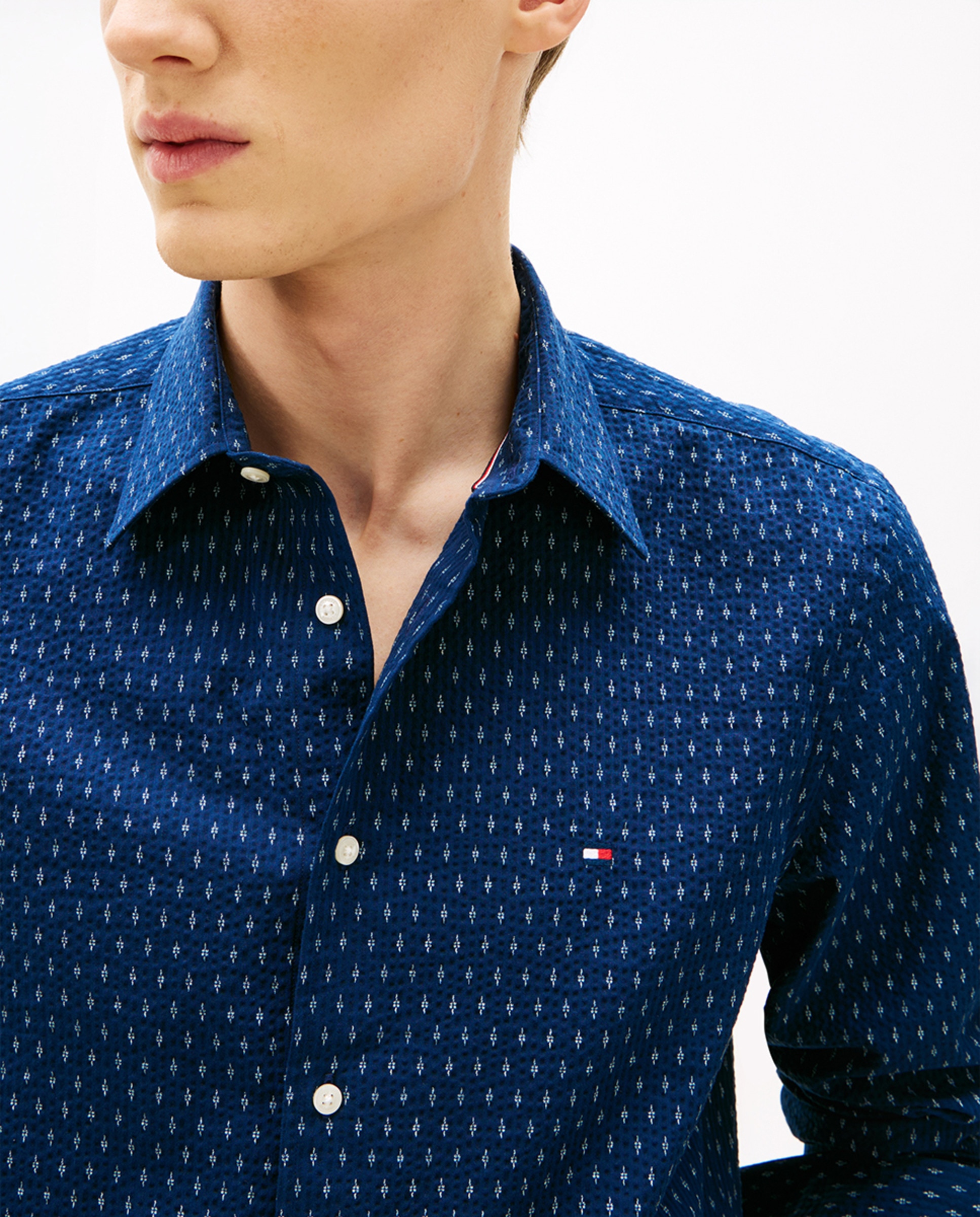 Camisa Estampada Tipo Seersucker com Manga Comprida Azul-marinho-3