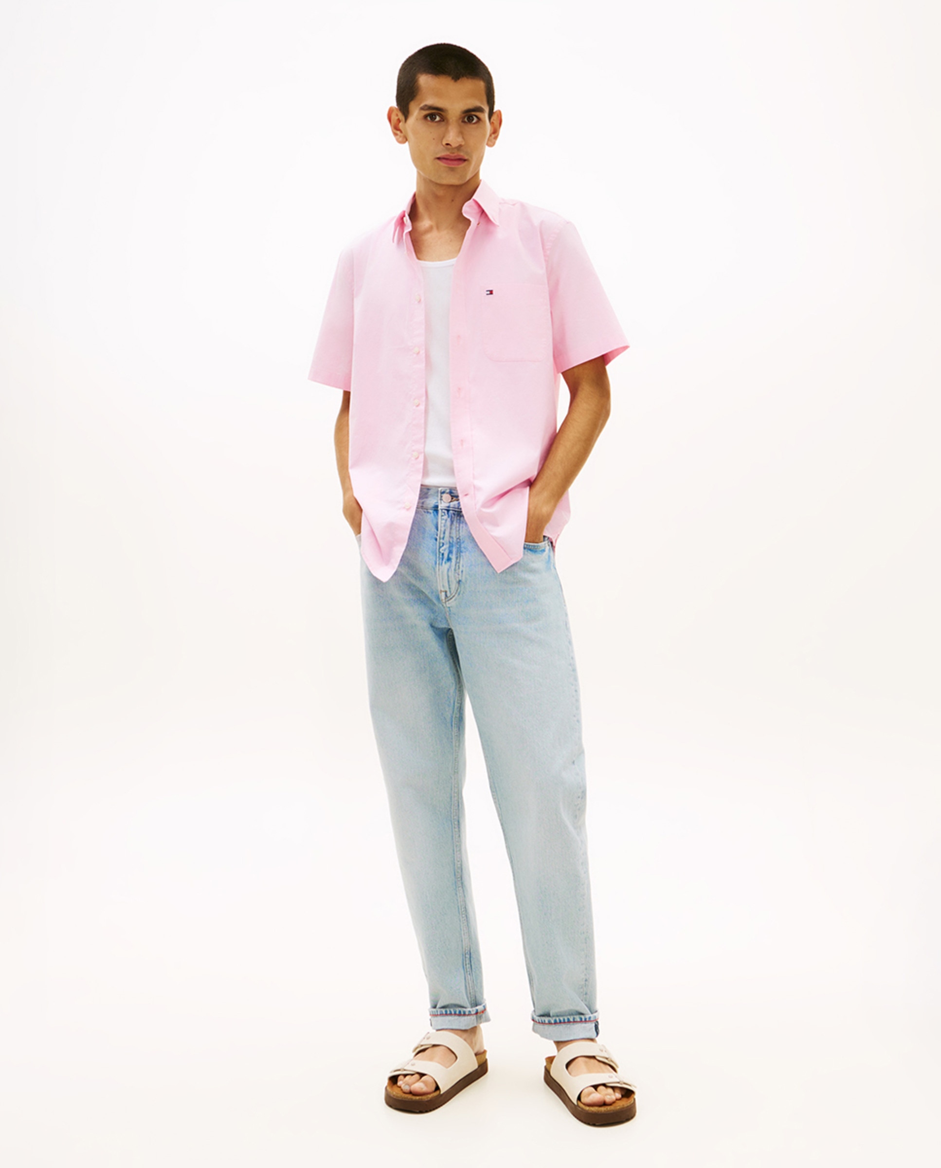 Camisa Oxford Lisa com Manga Curta Rosa-5