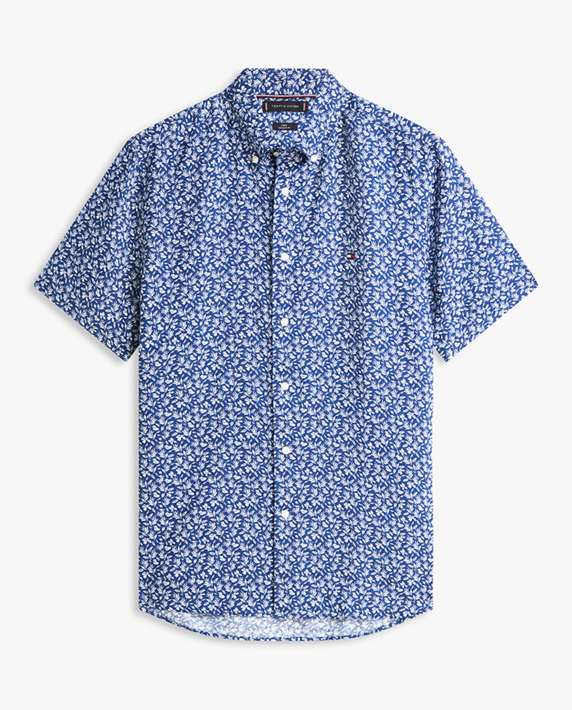 Camisa de Linho Estampada com Manga Curta Azul-4