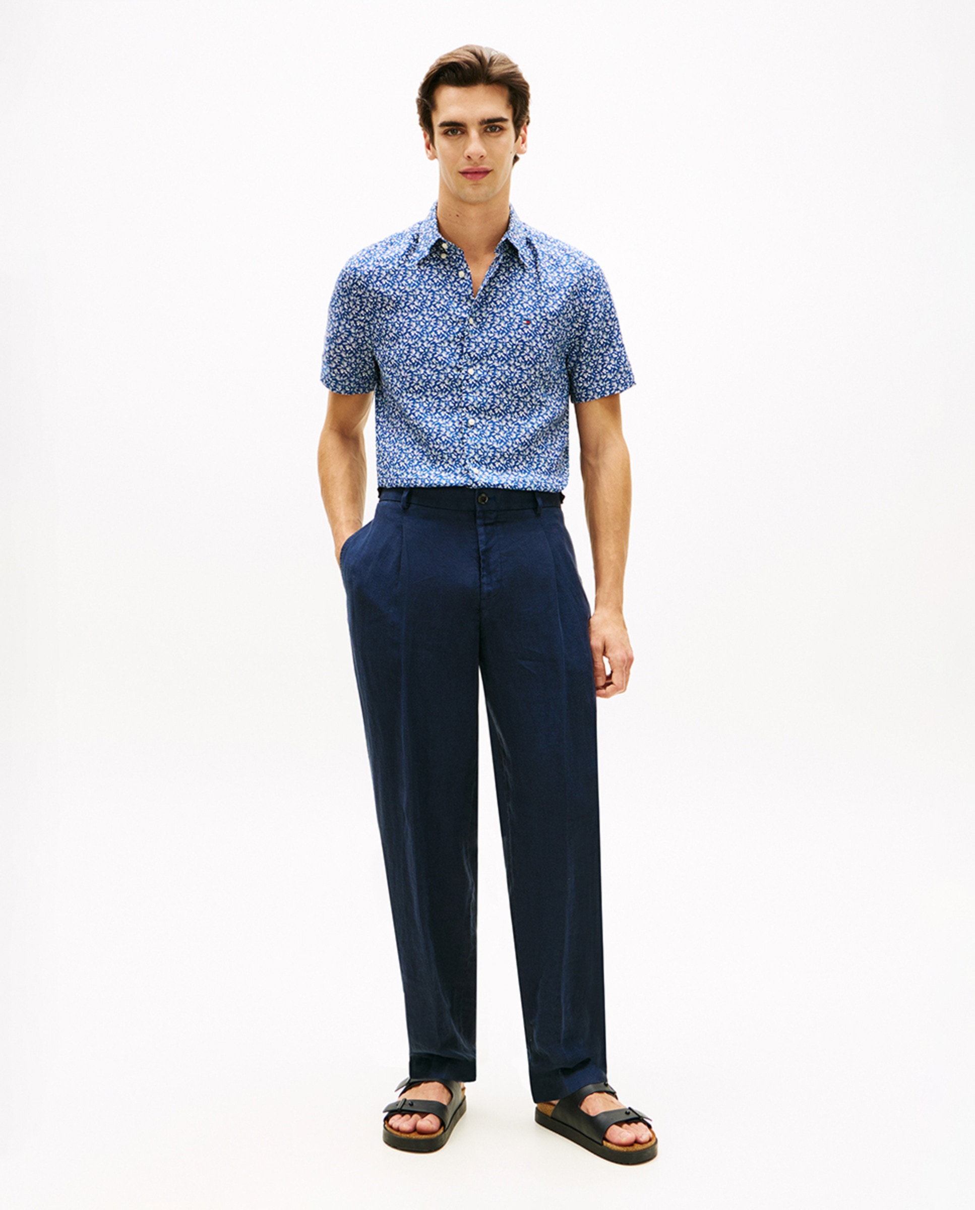 Camisa de Linho Estampada com Manga Curta Azul-5