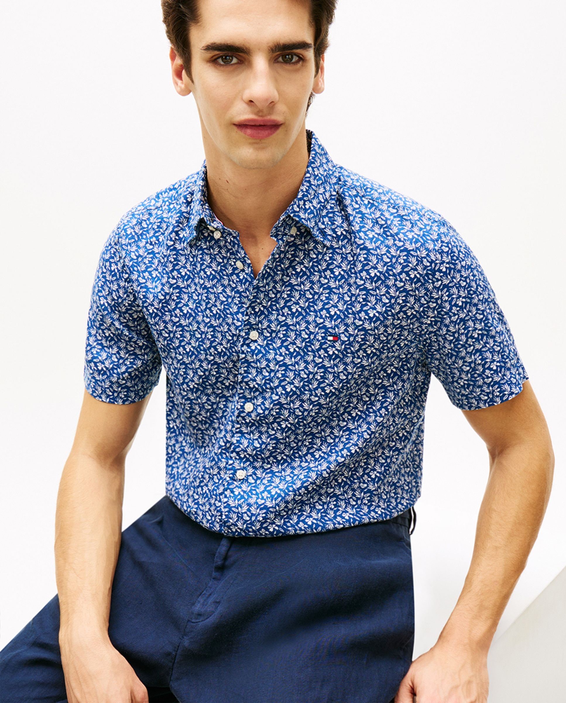 Camisa de Linho Estampada com Manga Curta Azul-3