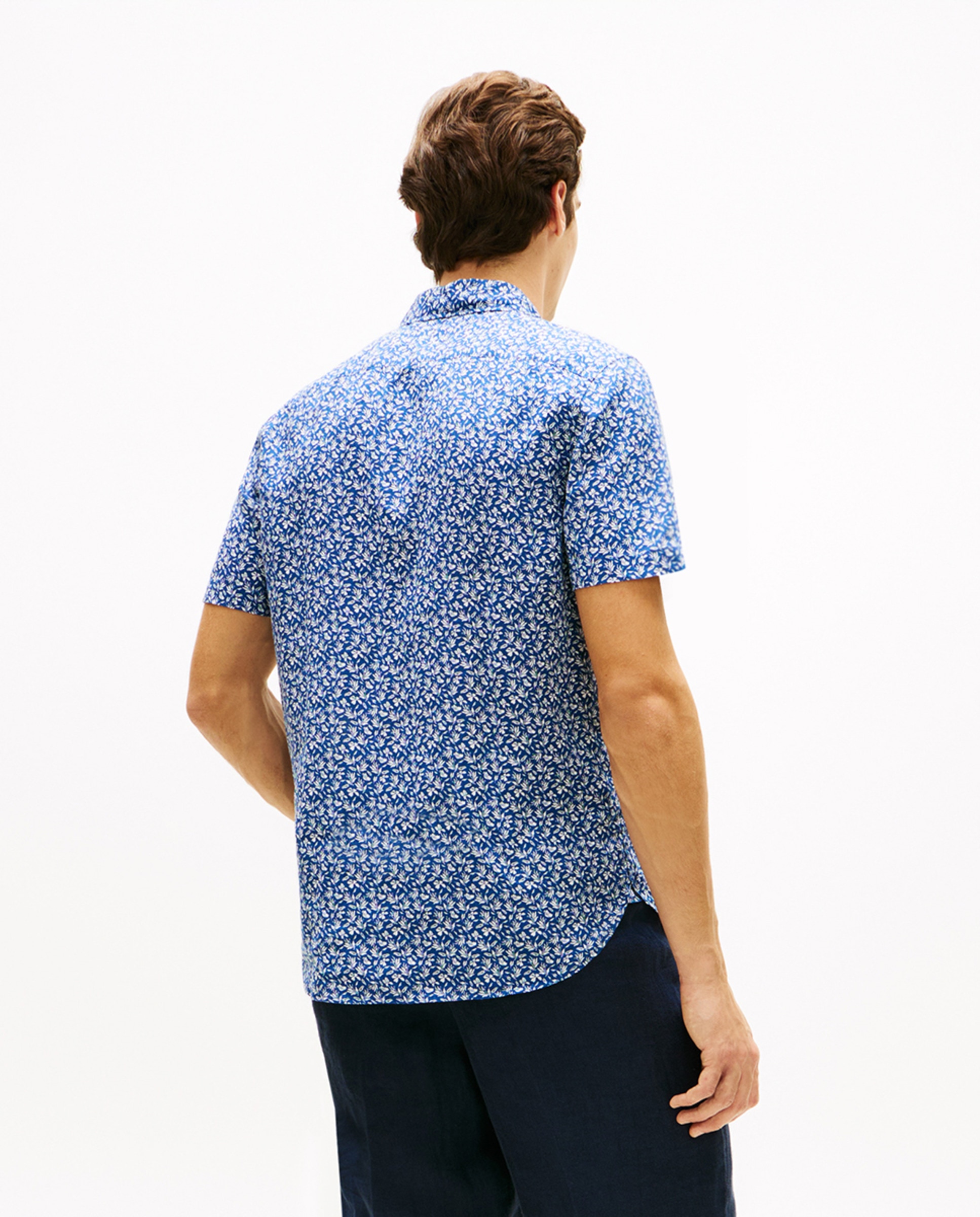 Camisa de Linho Estampada com Manga Curta Azul-2