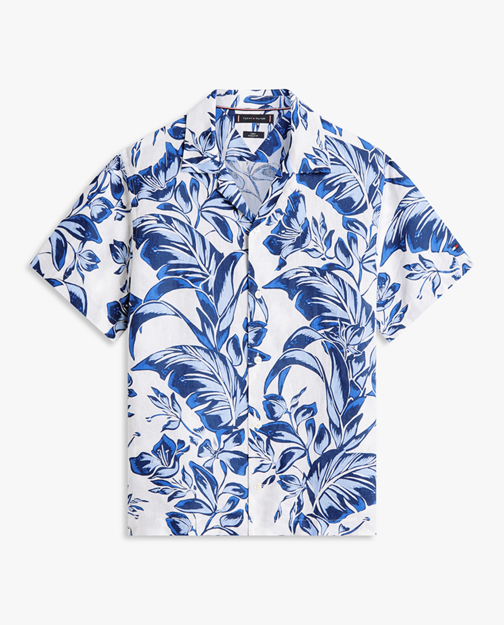 Camisa de Linho Estampada com Manga Curta Azul-4