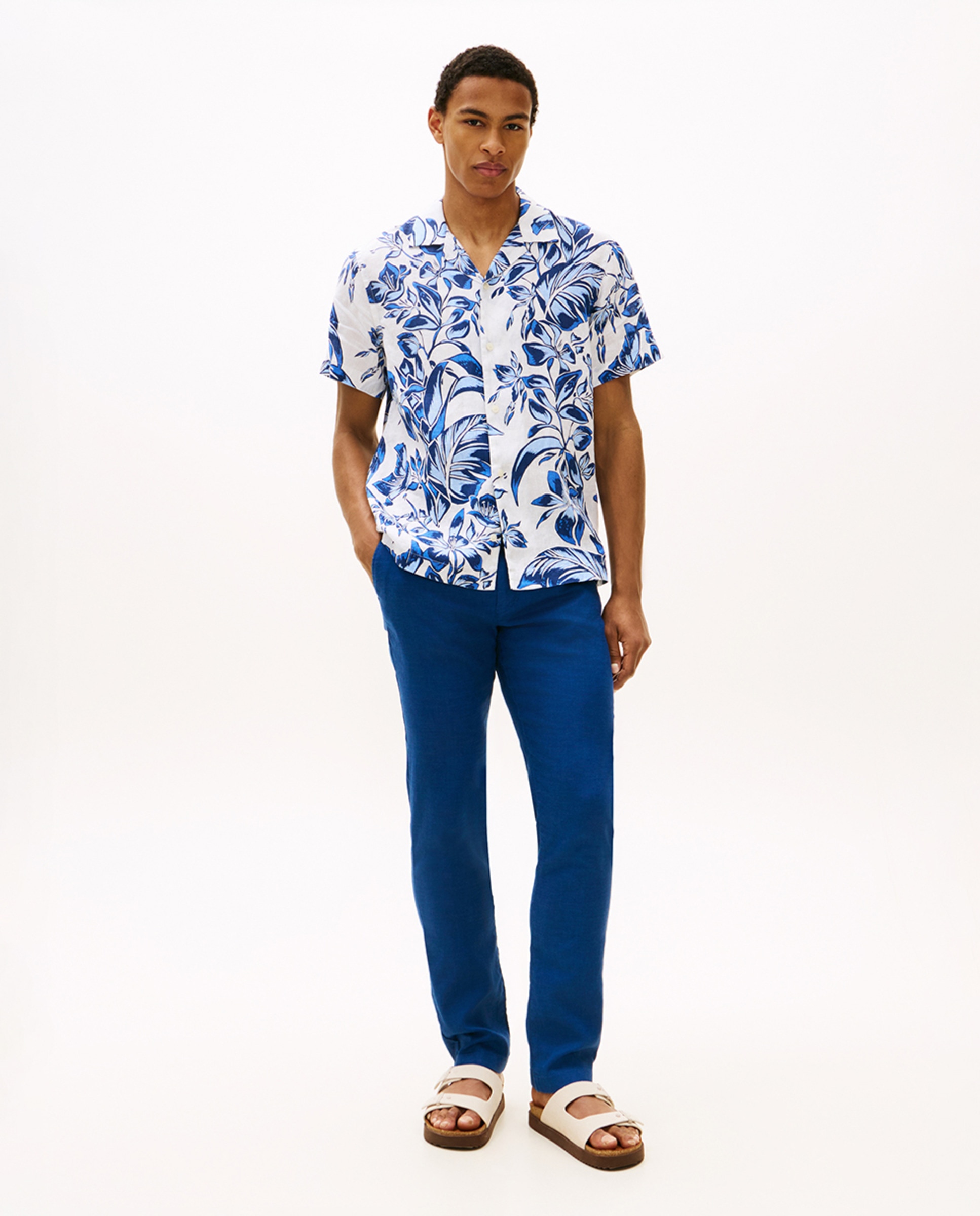 Camisa de Linho Estampada com Manga Curta Azul-5