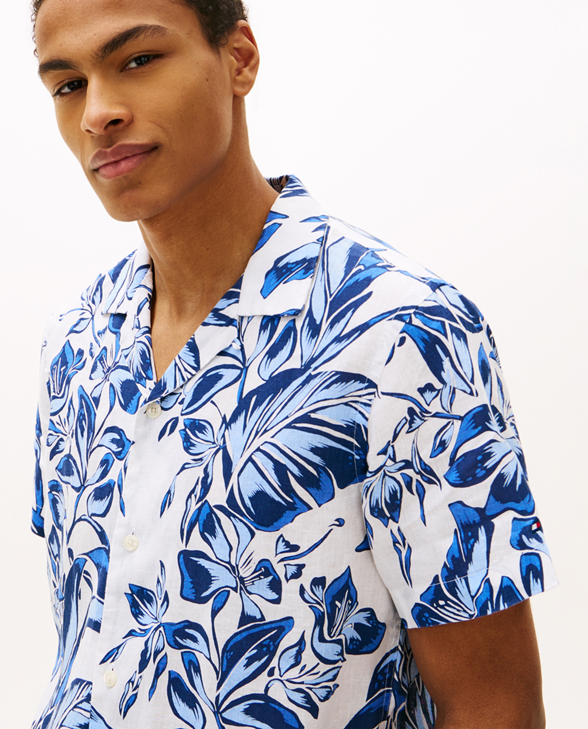 Camisa de Linho Estampada com Manga Curta Azul-3