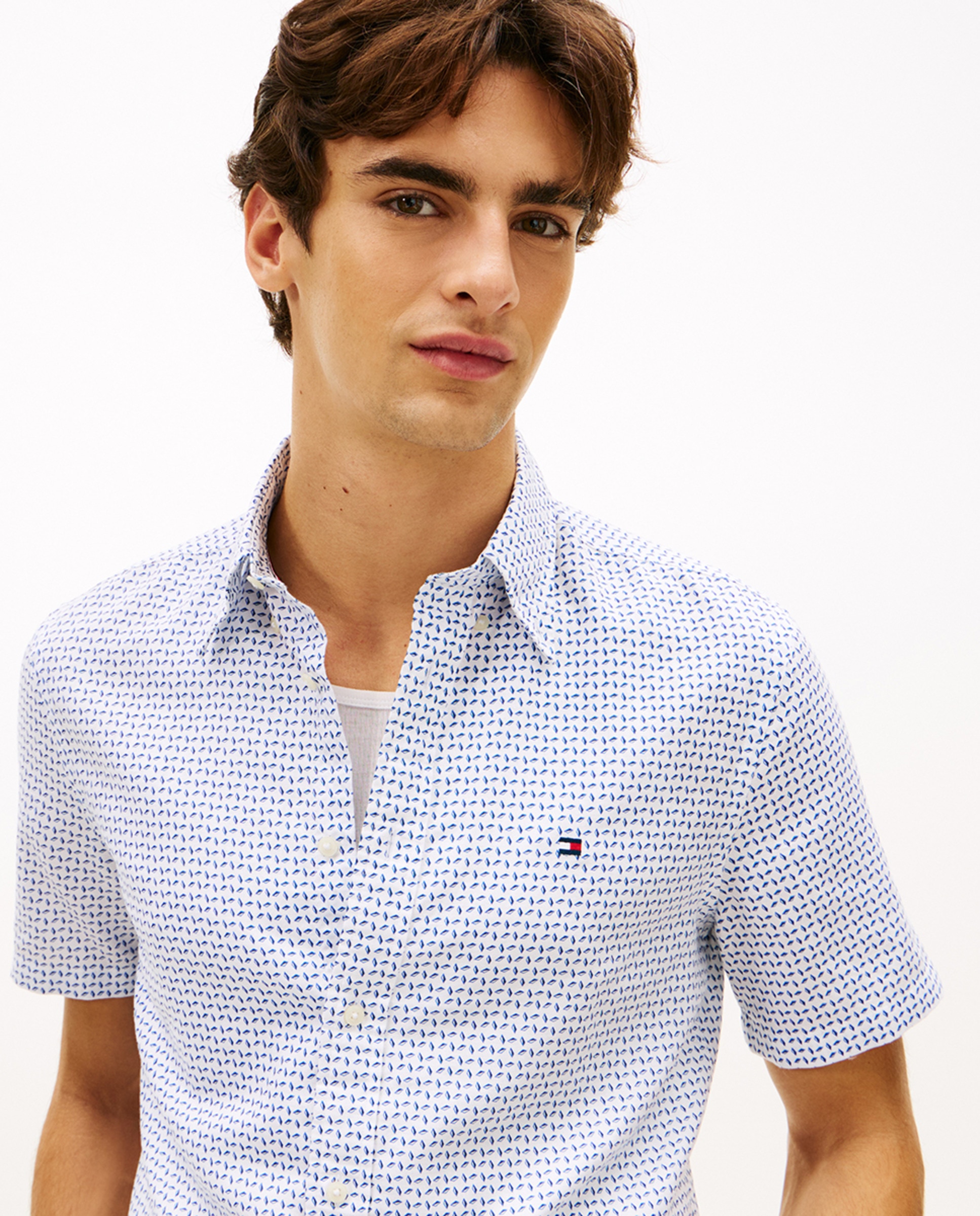 Camisa de Linho Estampada com Manga Curta Azul-3