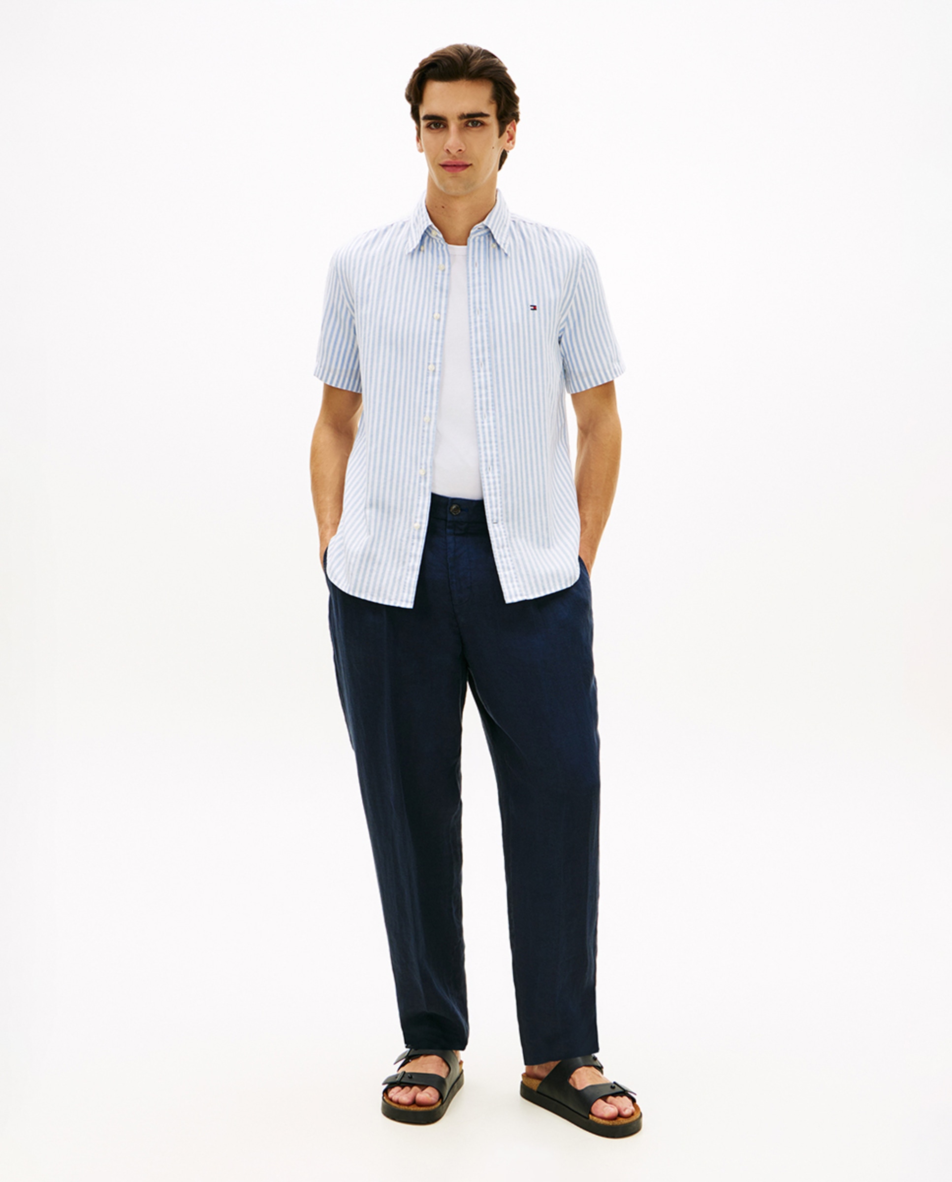 Camisa de Linho Estampada com Manga Curta Azul-claro-5