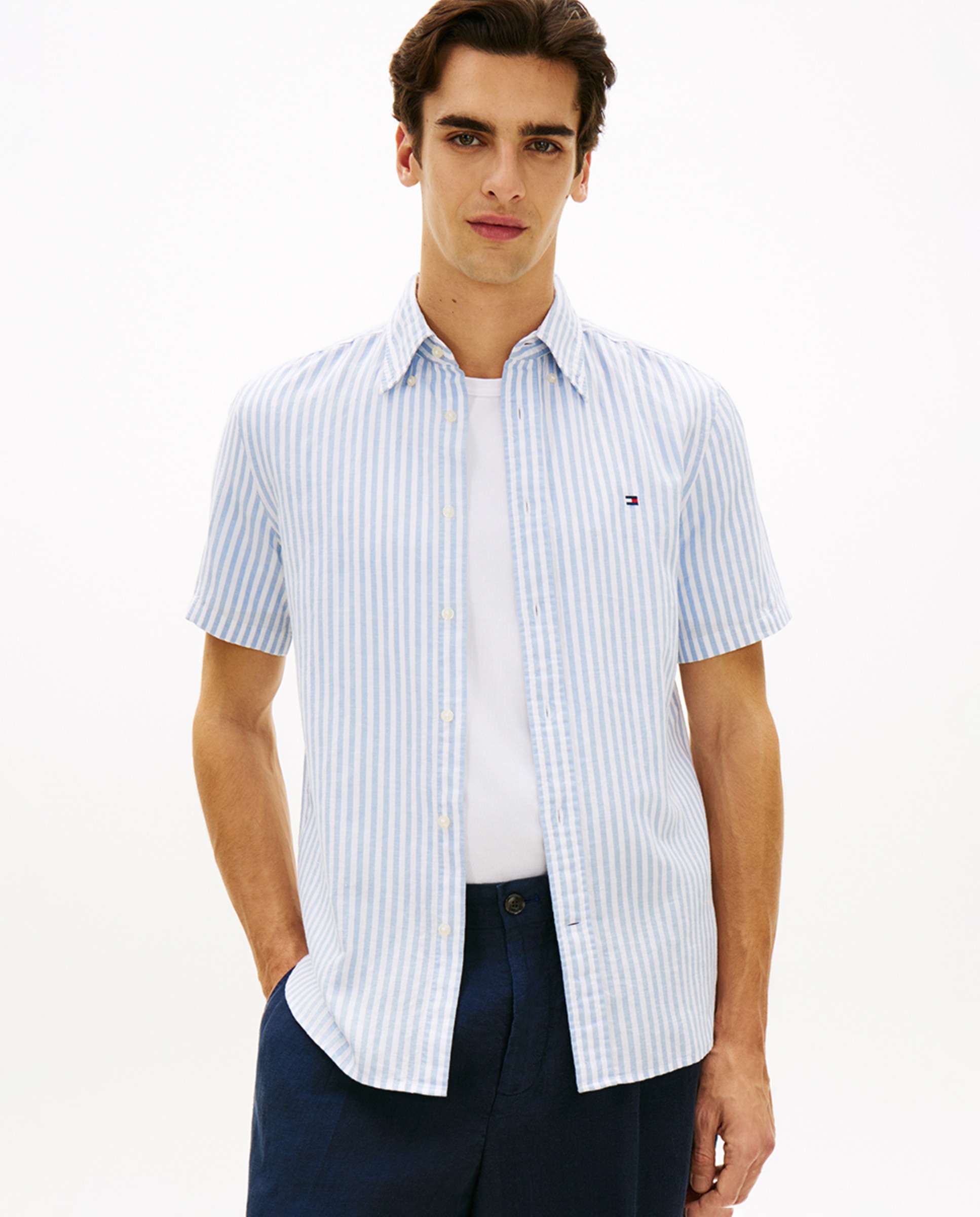 Camisa de Linho Estampada com Manga Curta Azul-claro-1
