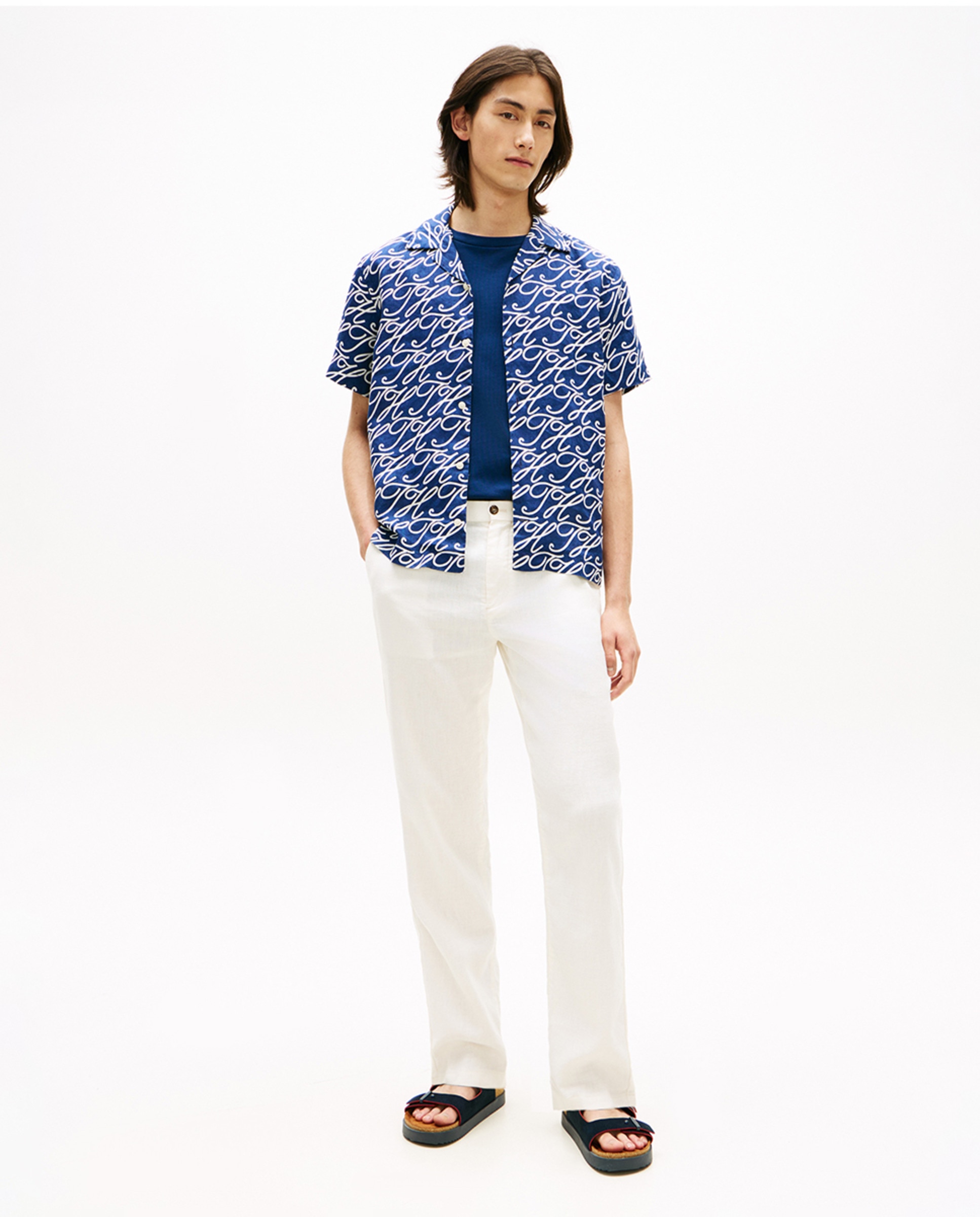 Camisa de Linho Estampada com Manga Curta Azul-marinho-5