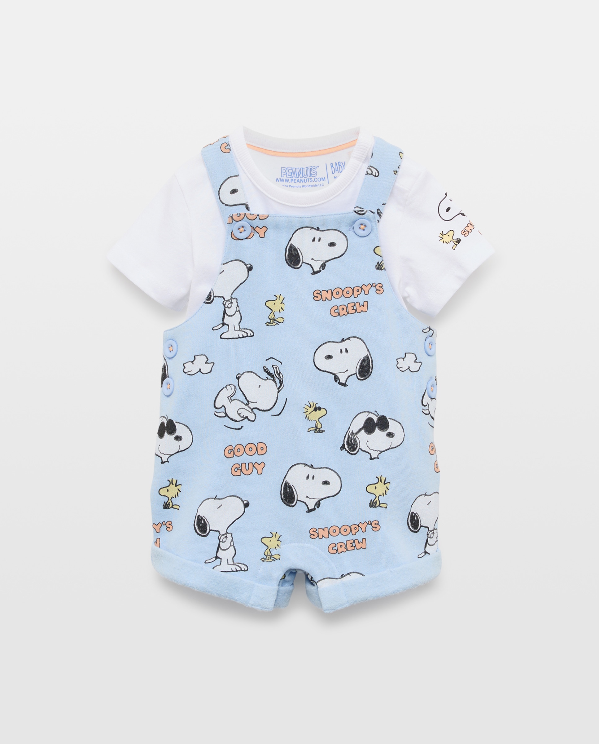 Imagem 0 de Conjunto Curto de 2 Peças de Bebé: Jardineiras e T-shirt com Estampado Snoopy