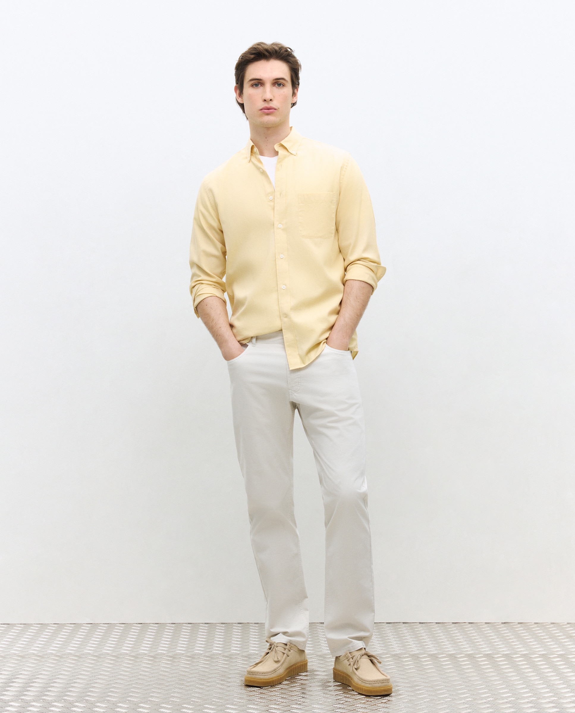 Camisa Casual de Algodão Tencel Lisa Regular Fit Mostarda-2