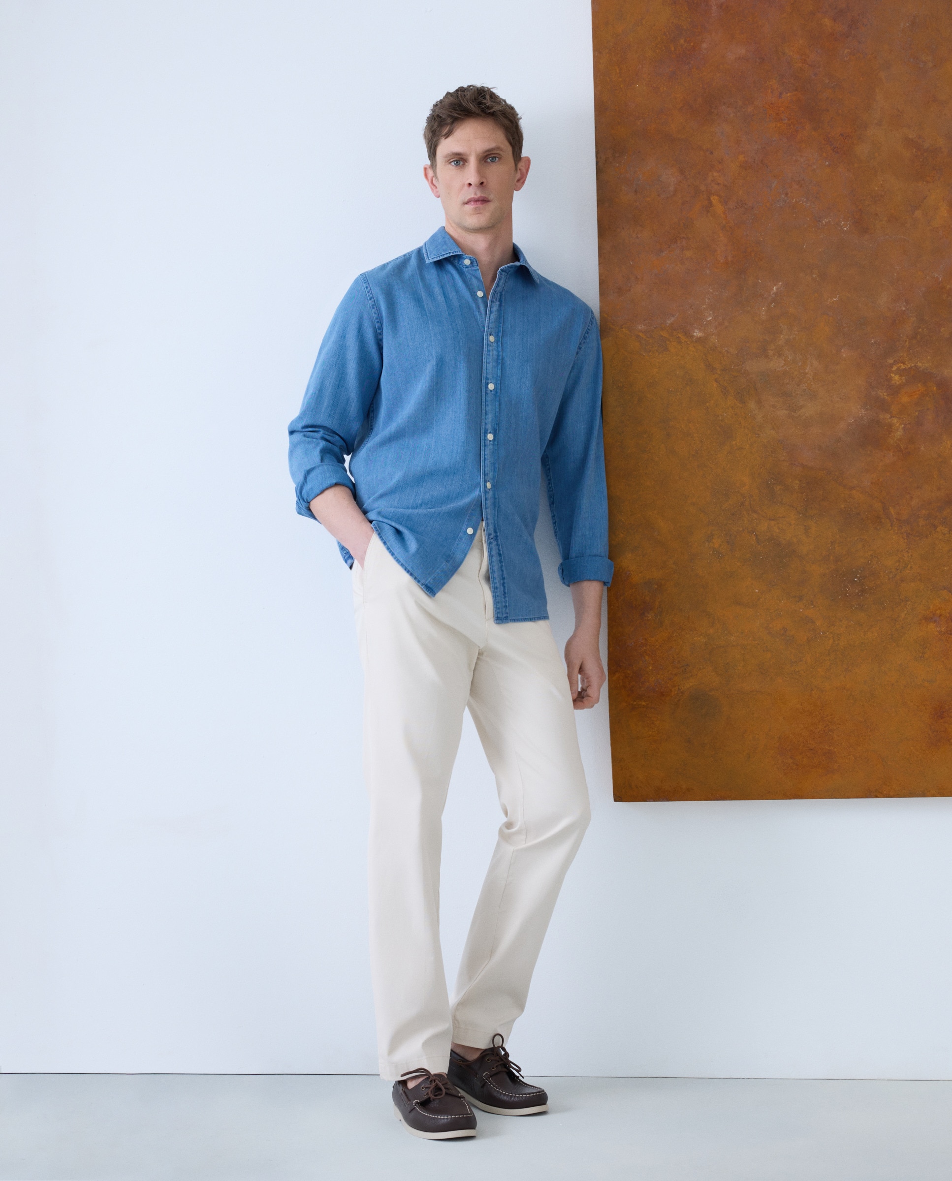 Camisa Casual de Ganga com Manga Comprida Azul-2