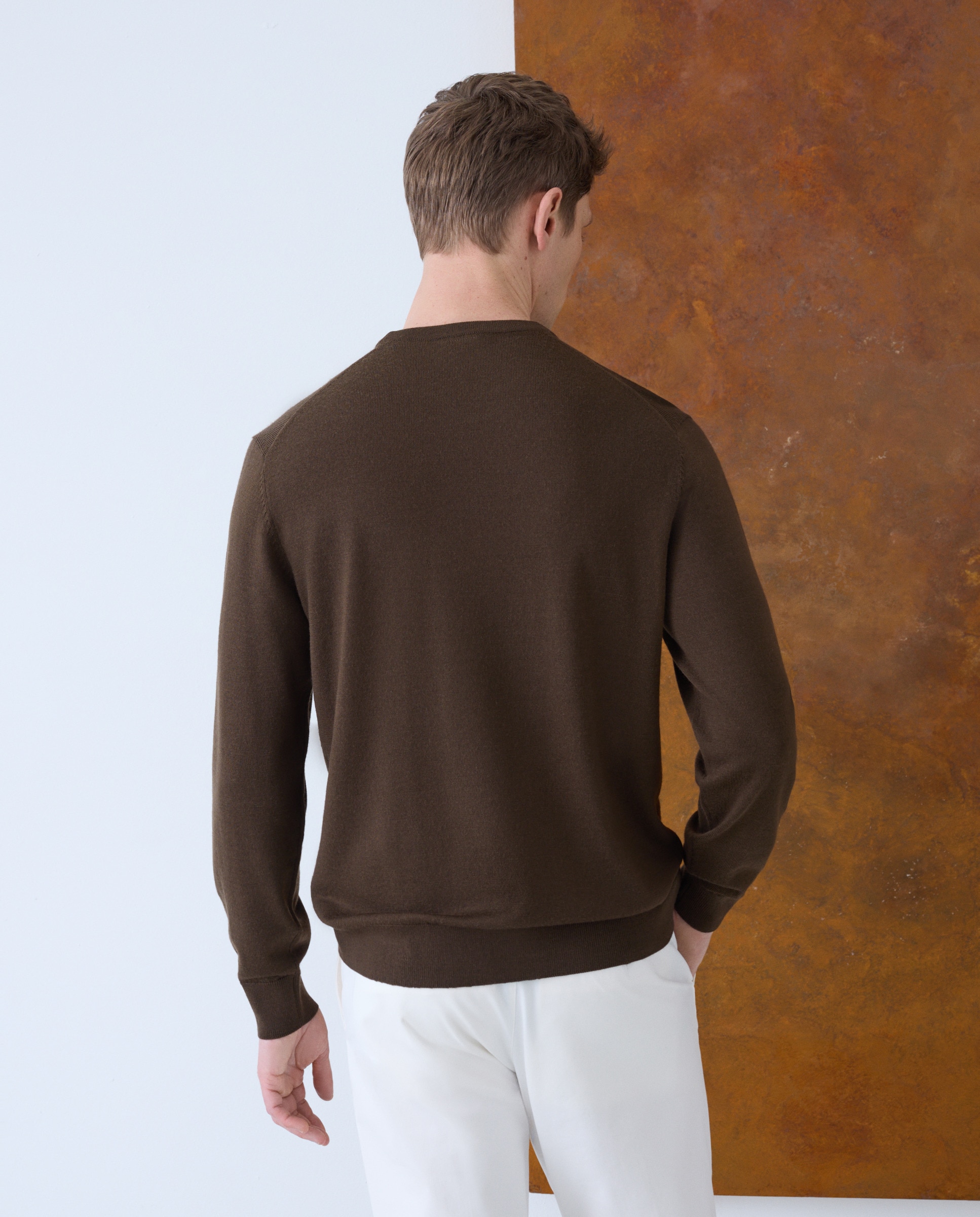 Camisola de Malha Lisa 100% Lã Merino com Decote Redondo Castanho-escuro-3