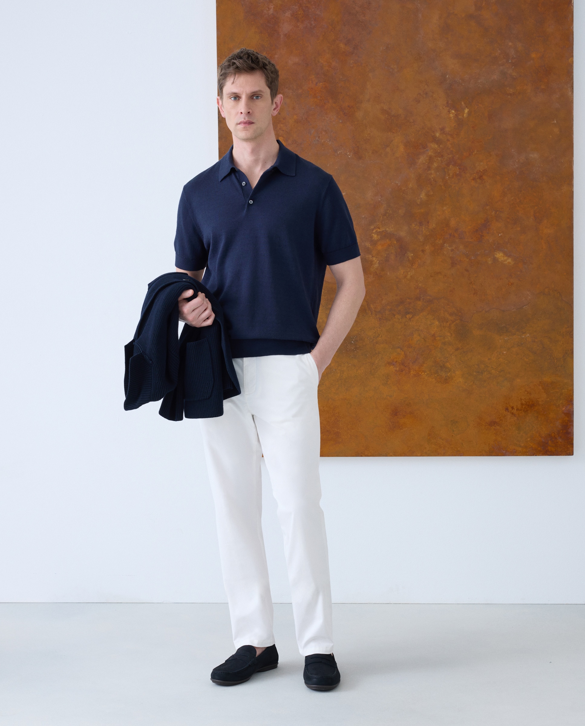 Camisola de Malha Lisa de Algodão e Linho com Colarinho de Polo e Manga Curta Azul-marinho-2